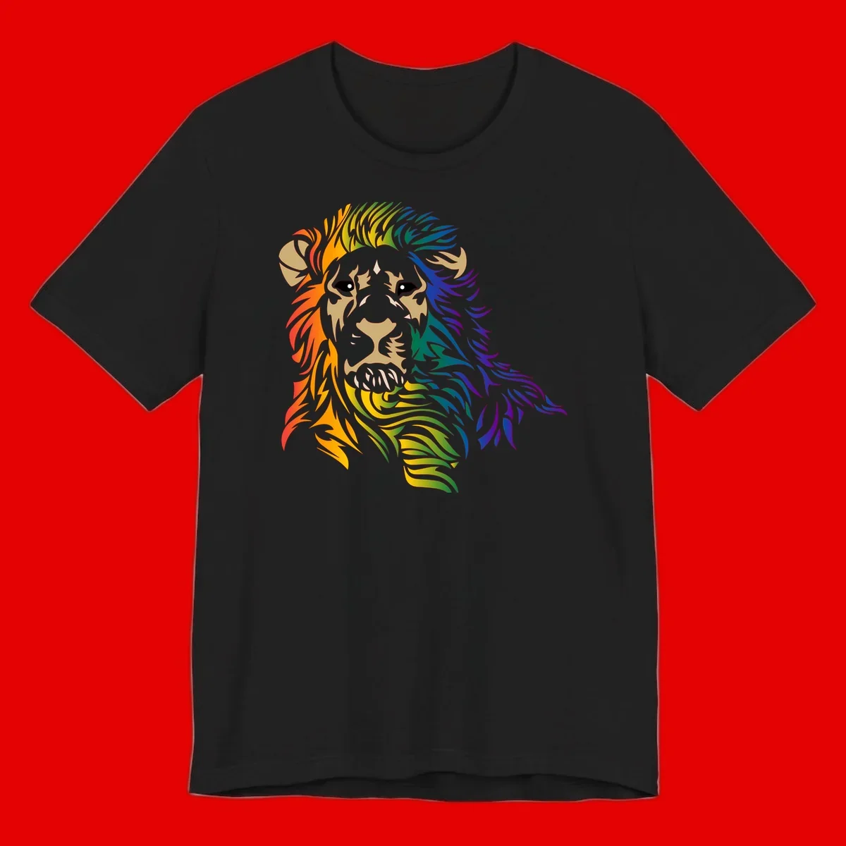 Rainbow lion head with gradient mane flowing from red through purple, featuring tan face with black eyes and detailed whiskers on gray background