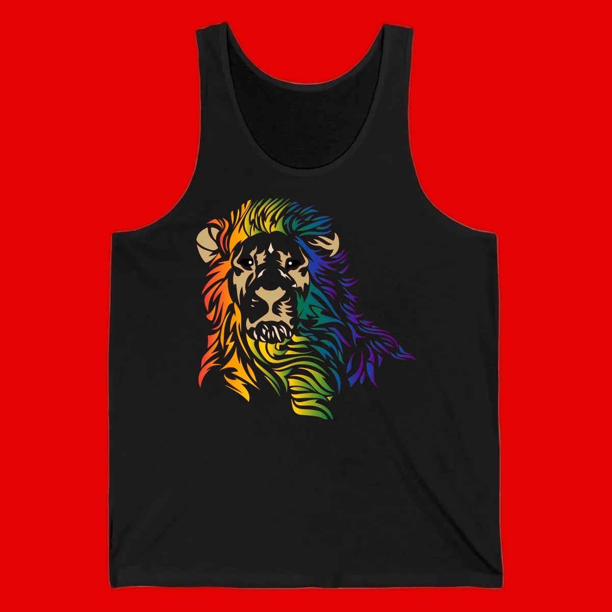 Rainbow lion head with gradient mane flowing from red through purple, featuring tan face with black eyes and detailed whiskers on gray background