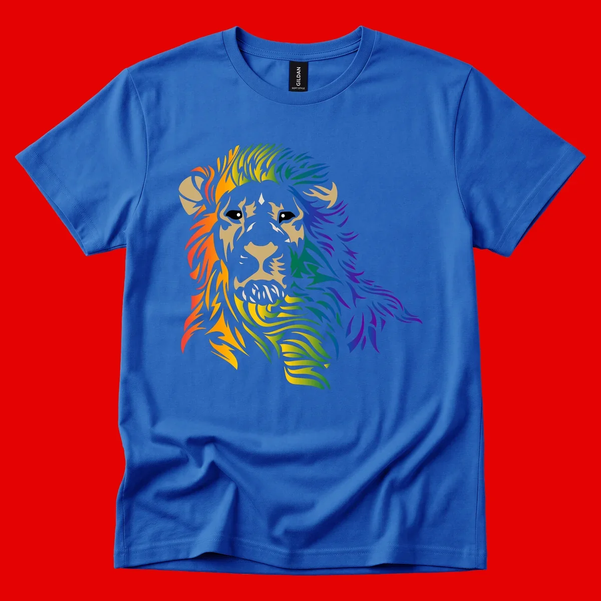 Rainbow lion head with gradient mane flowing from red through purple, featuring tan face with black eyes and detailed whiskers on gray background