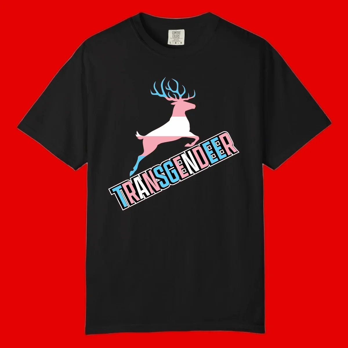 Transgender deer pride design: pink and white deer leaping with blue and pink antlers, 'TRANSGENDER' text banner below in pride colors