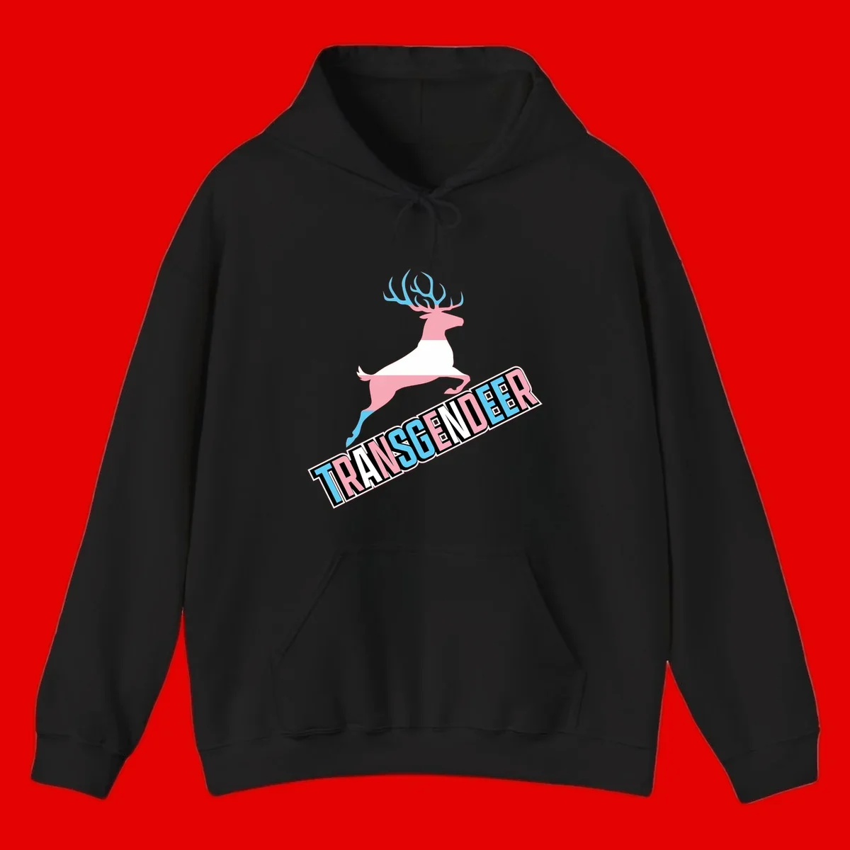 Transgender deer pride design: pink and white deer leaping with blue and pink antlers, 'TRANSGENDER' text banner below in pride colors