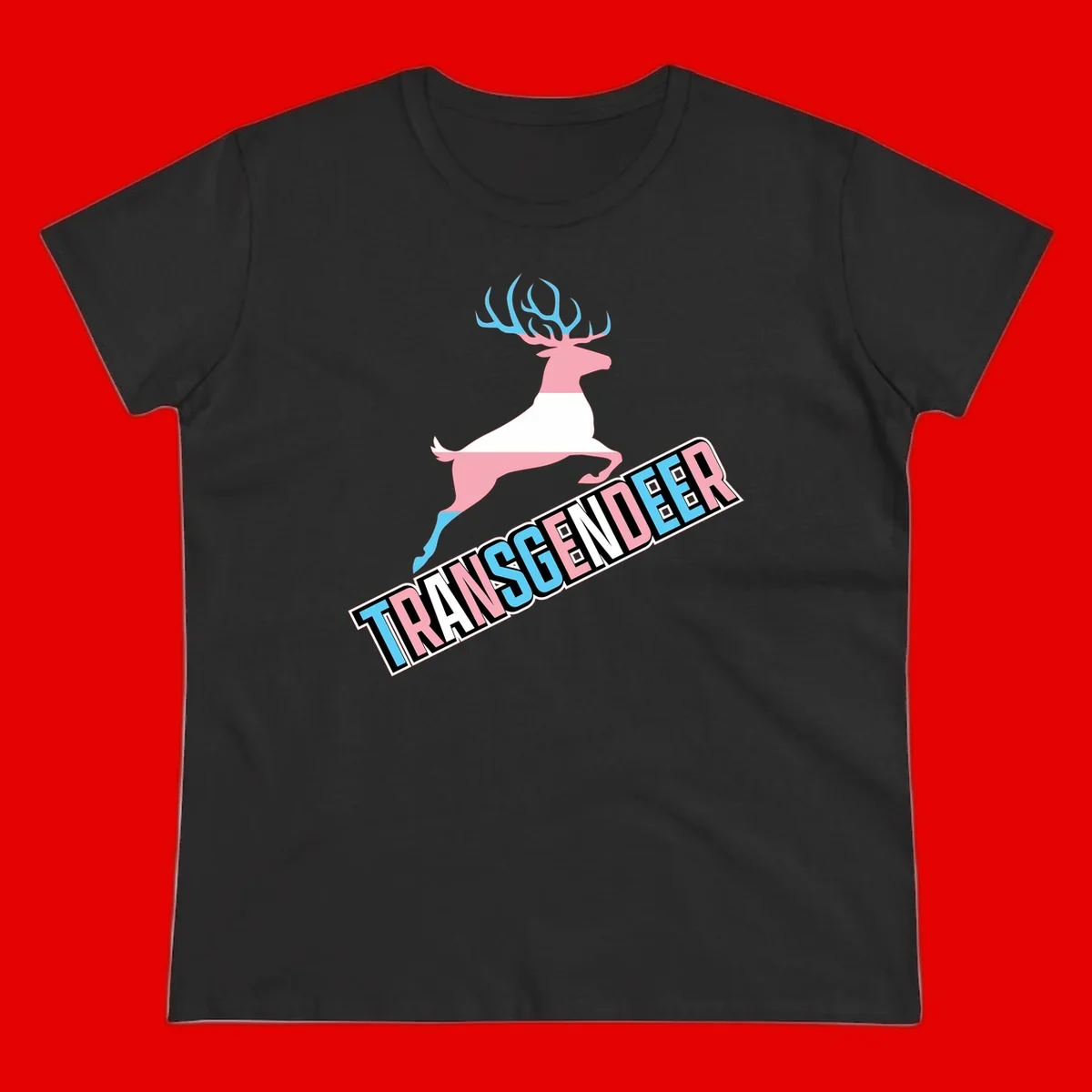 Transgender deer pride design: pink and white deer leaping with blue and pink antlers, 'TRANSGENDER' text banner below in pride colors