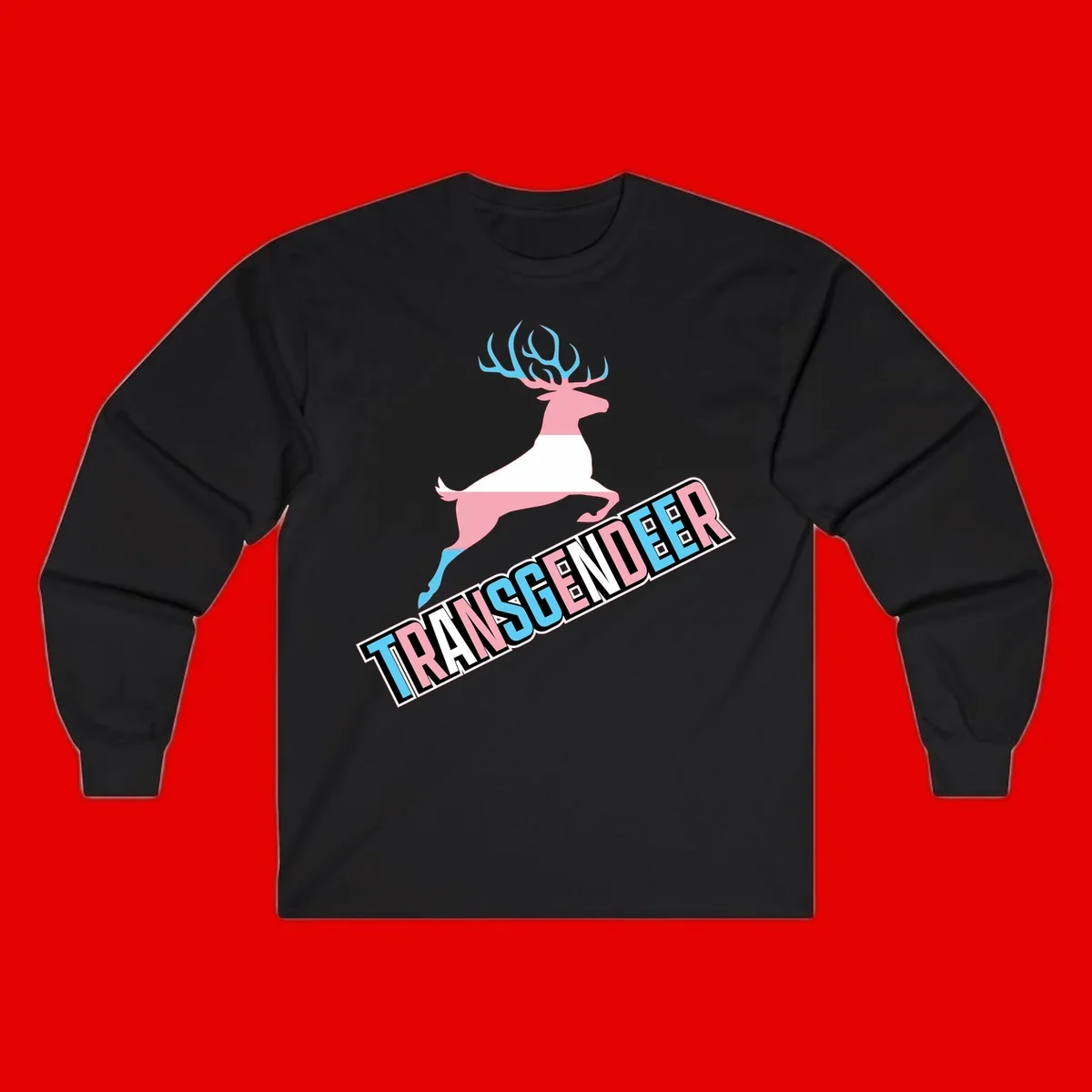 Transgender deer pride design: pink and white deer leaping with blue and pink antlers, 'TRANSGENDER' text banner below in pride colors
