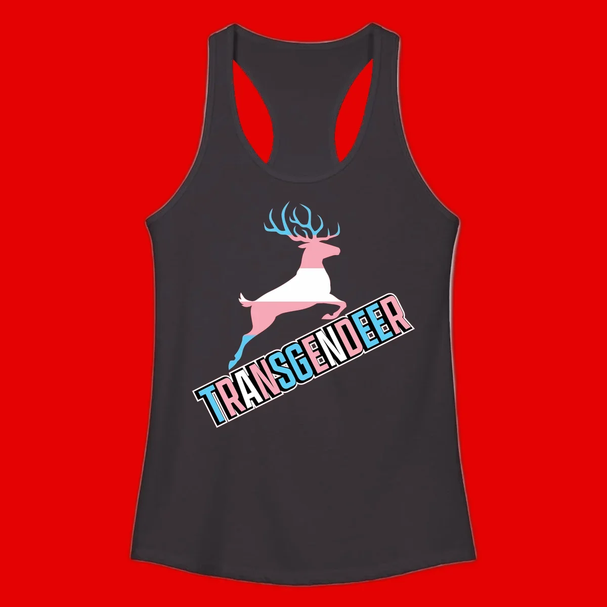 Transgender deer pride design: pink and white deer leaping with blue and pink antlers, 'TRANSGENDER' text banner below in pride colors