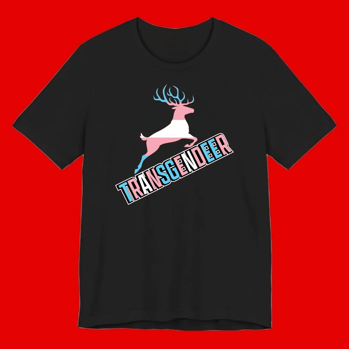 Transgender deer pride design: pink and white deer leaping with blue and pink antlers, 'TRANSGENDER' text banner below in pride colors