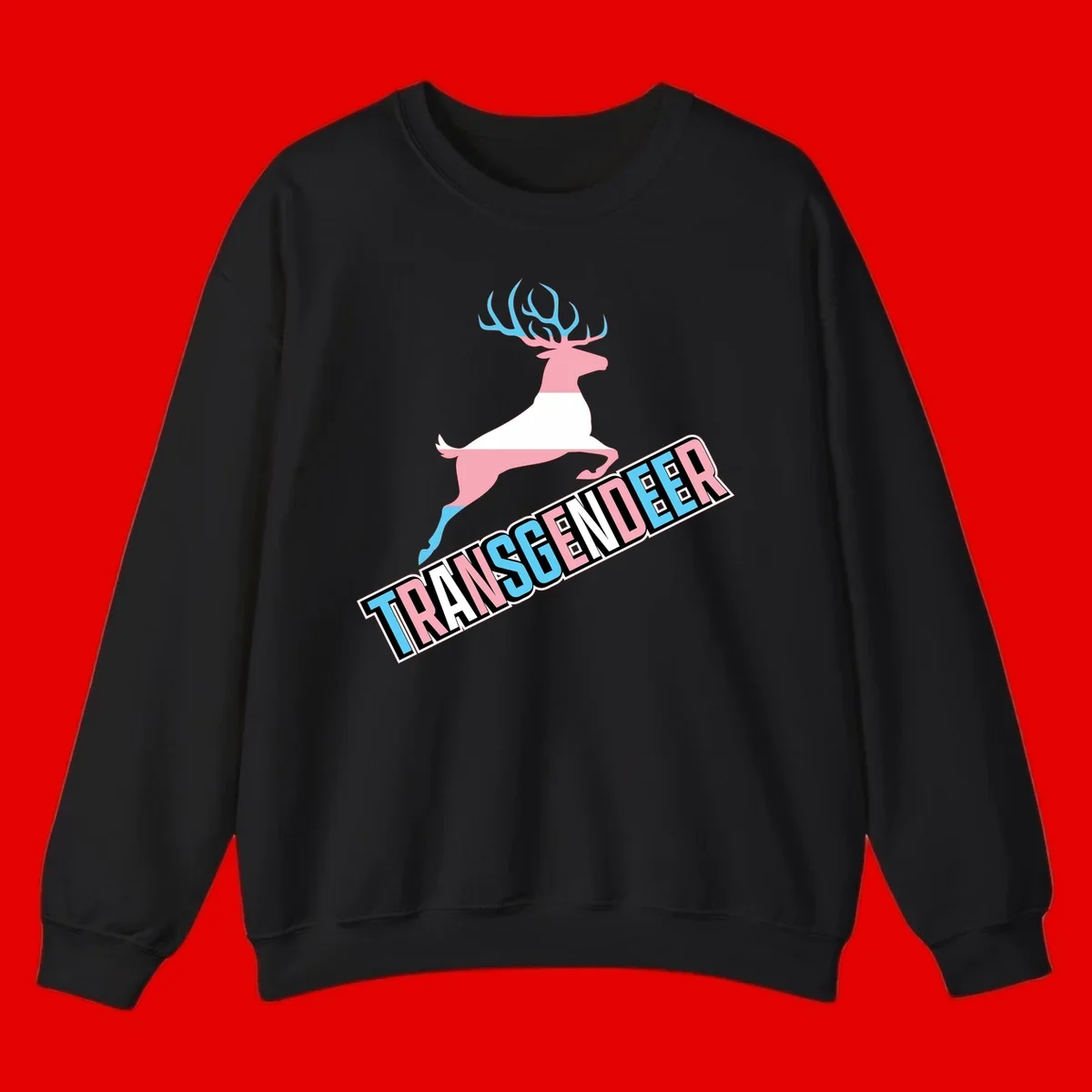 Transgender deer pride design: pink and white deer leaping with blue and pink antlers, 'TRANSGENDER' text banner below in pride colors