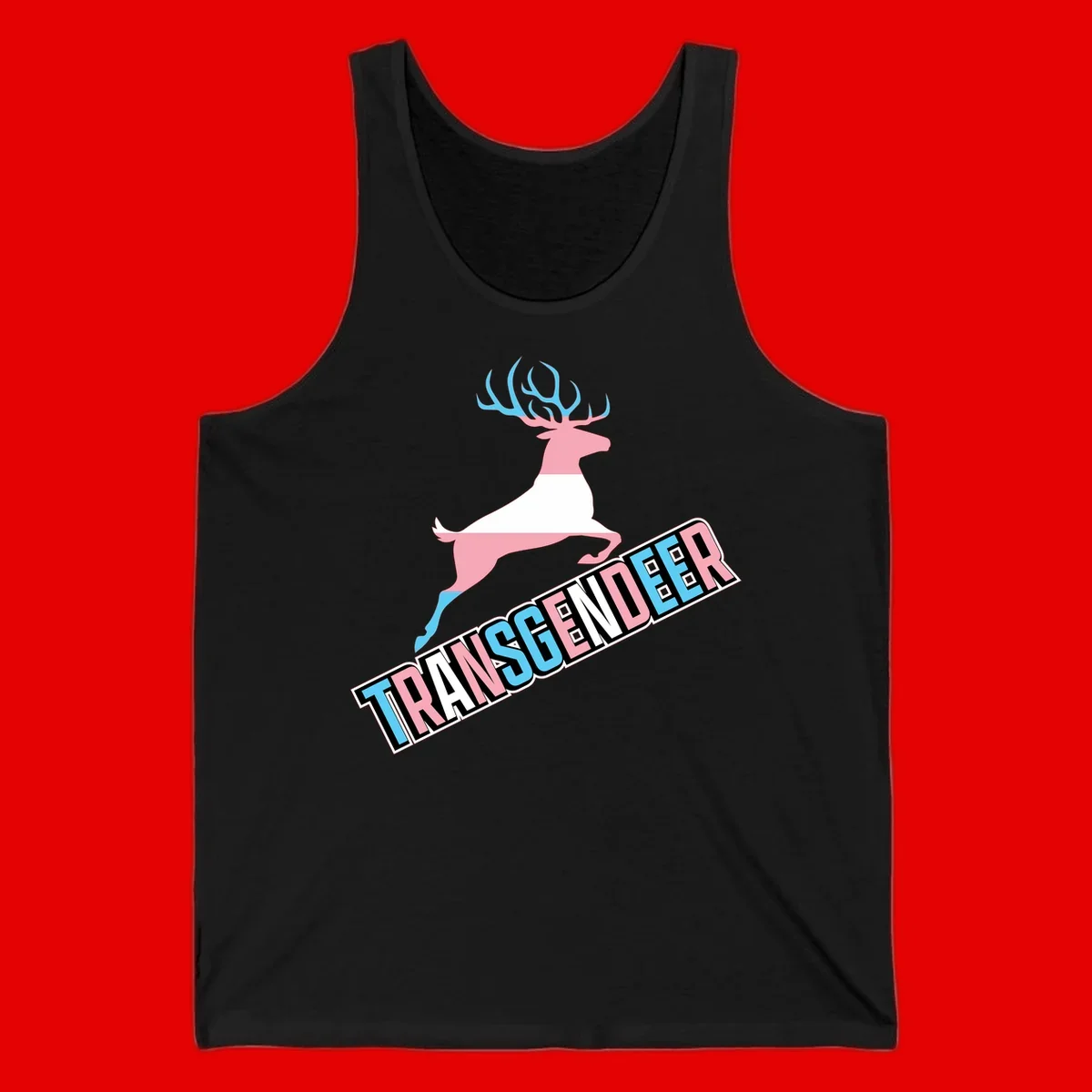 Transgender deer pride design: pink and white deer leaping with blue and pink antlers, 'TRANSGENDER' text banner below in pride colors