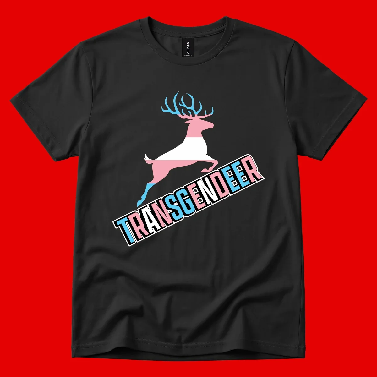 Transgender deer pride design: pink and white deer leaping with blue and pink antlers, 'TRANSGENDER' text banner below in pride colors