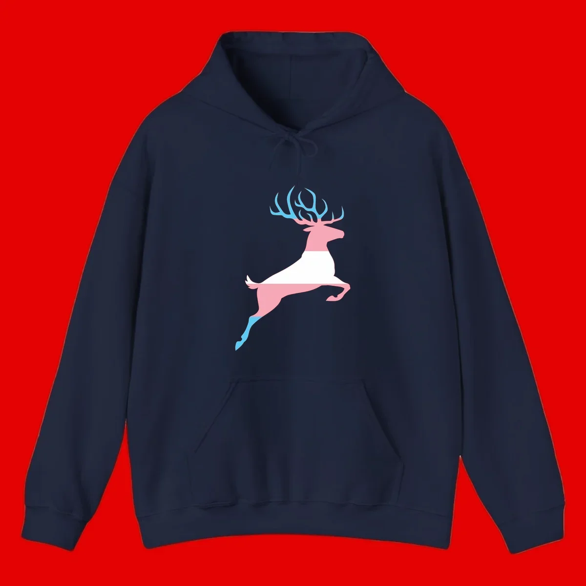 Stylized pink stag with gradient blue antlers leaping against gray background, modern minimalist design