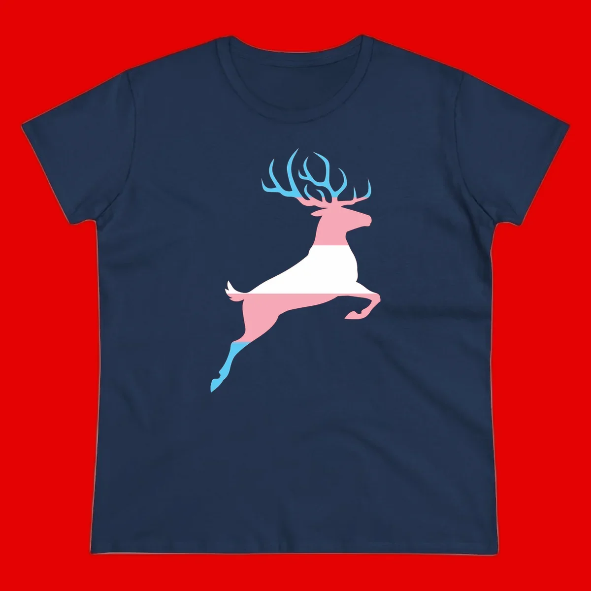 Stylized pink stag with gradient blue antlers leaping against gray background, modern minimalist design
