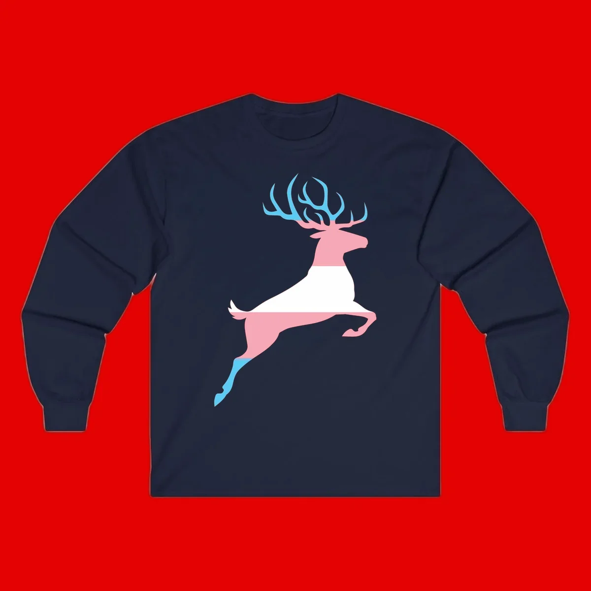 Stylized pink stag with gradient blue antlers leaping against gray background, modern minimalist design