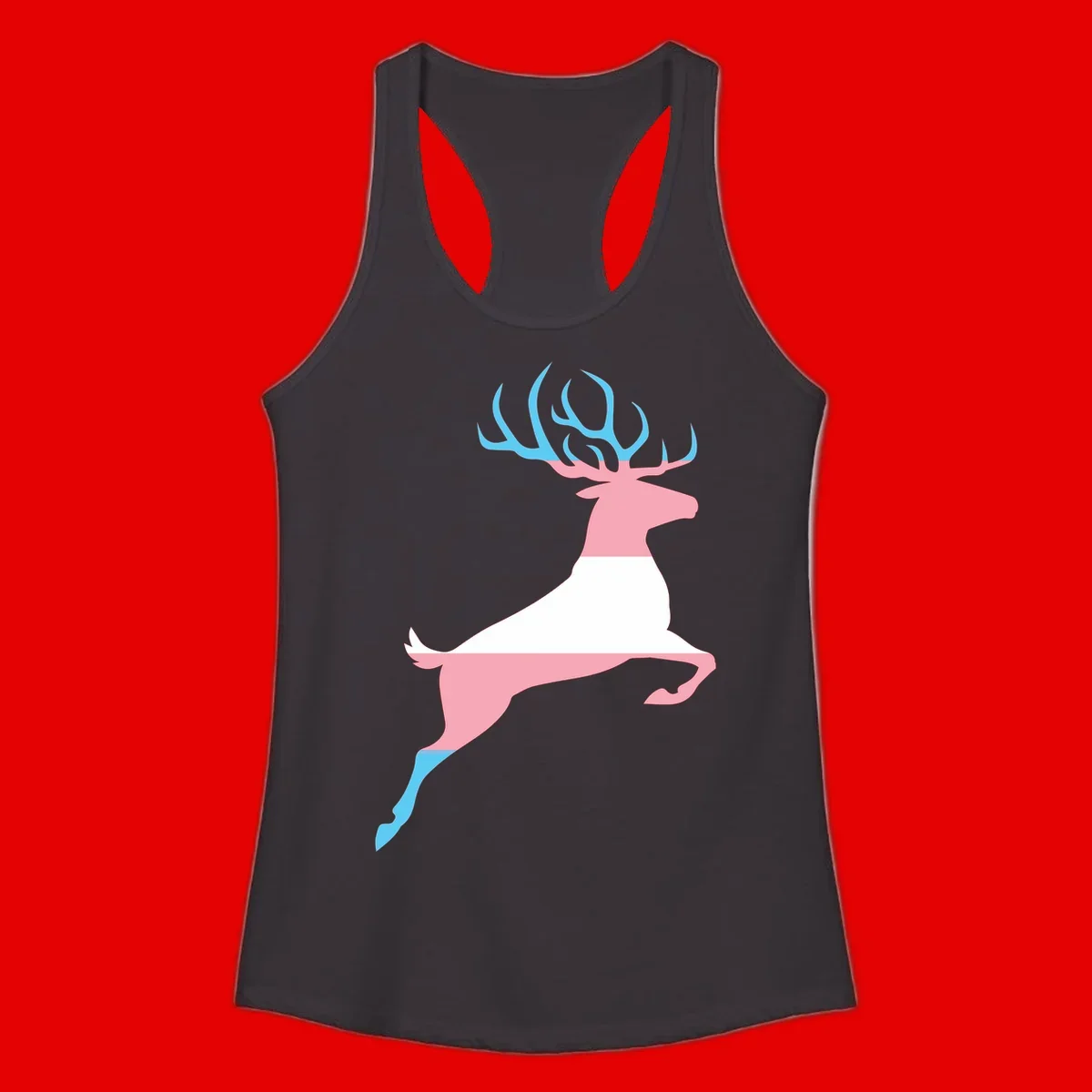 Stylized pink stag with gradient blue antlers leaping against gray background, modern minimalist design