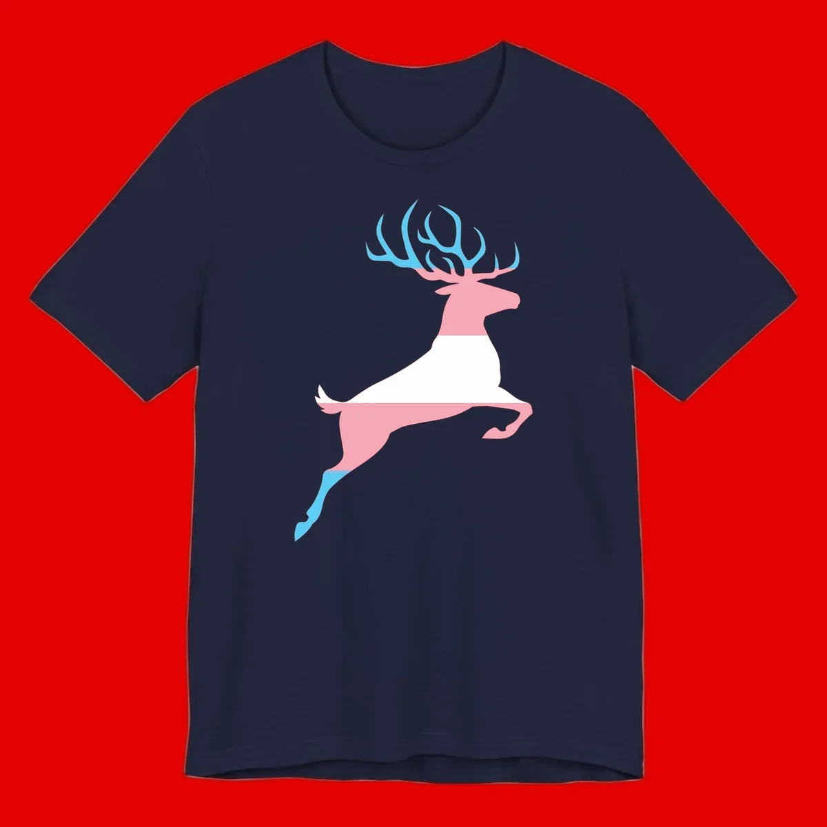 Stylized pink stag with gradient blue antlers leaping against gray background, modern minimalist design