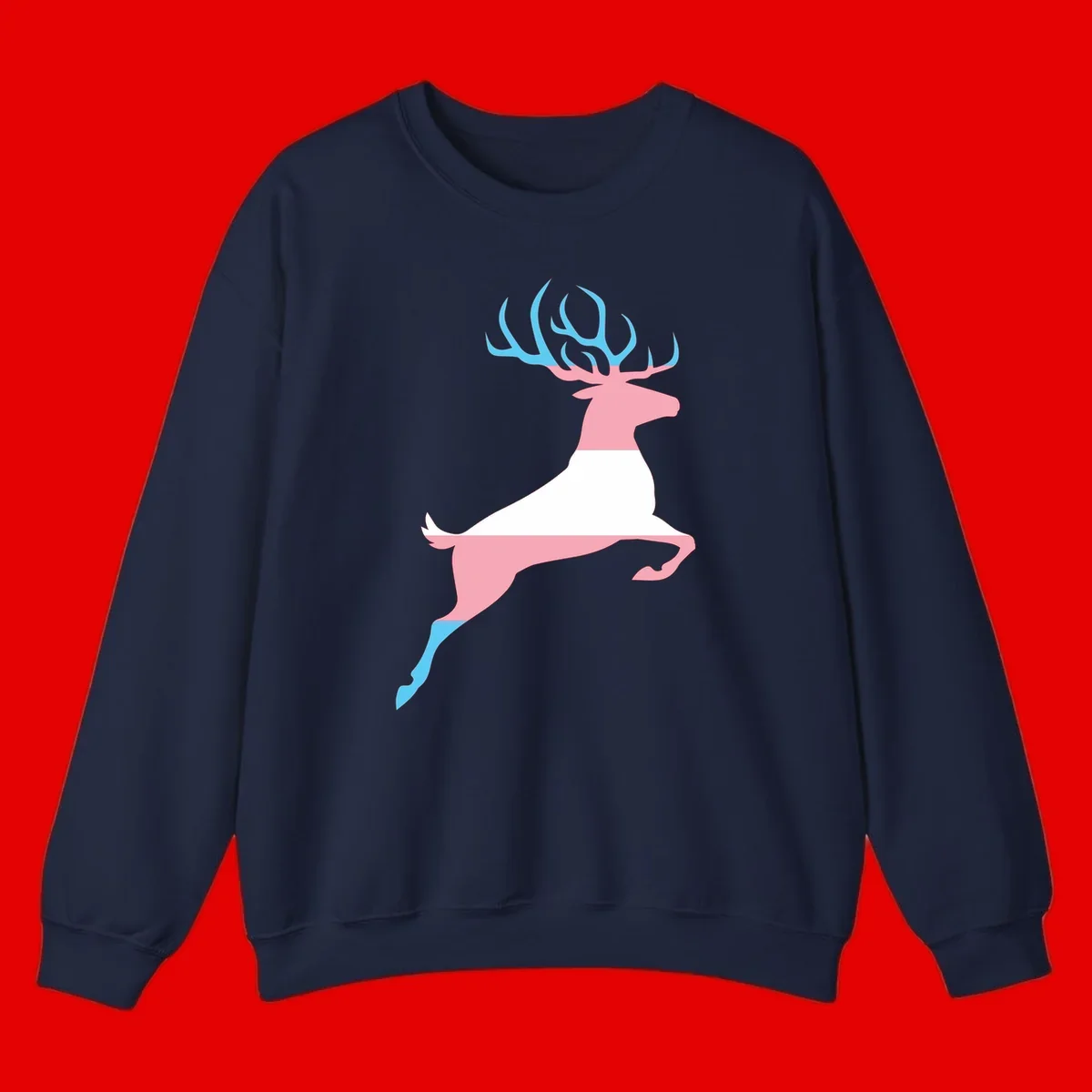 Stylized pink stag with gradient blue antlers leaping against gray background, modern minimalist design