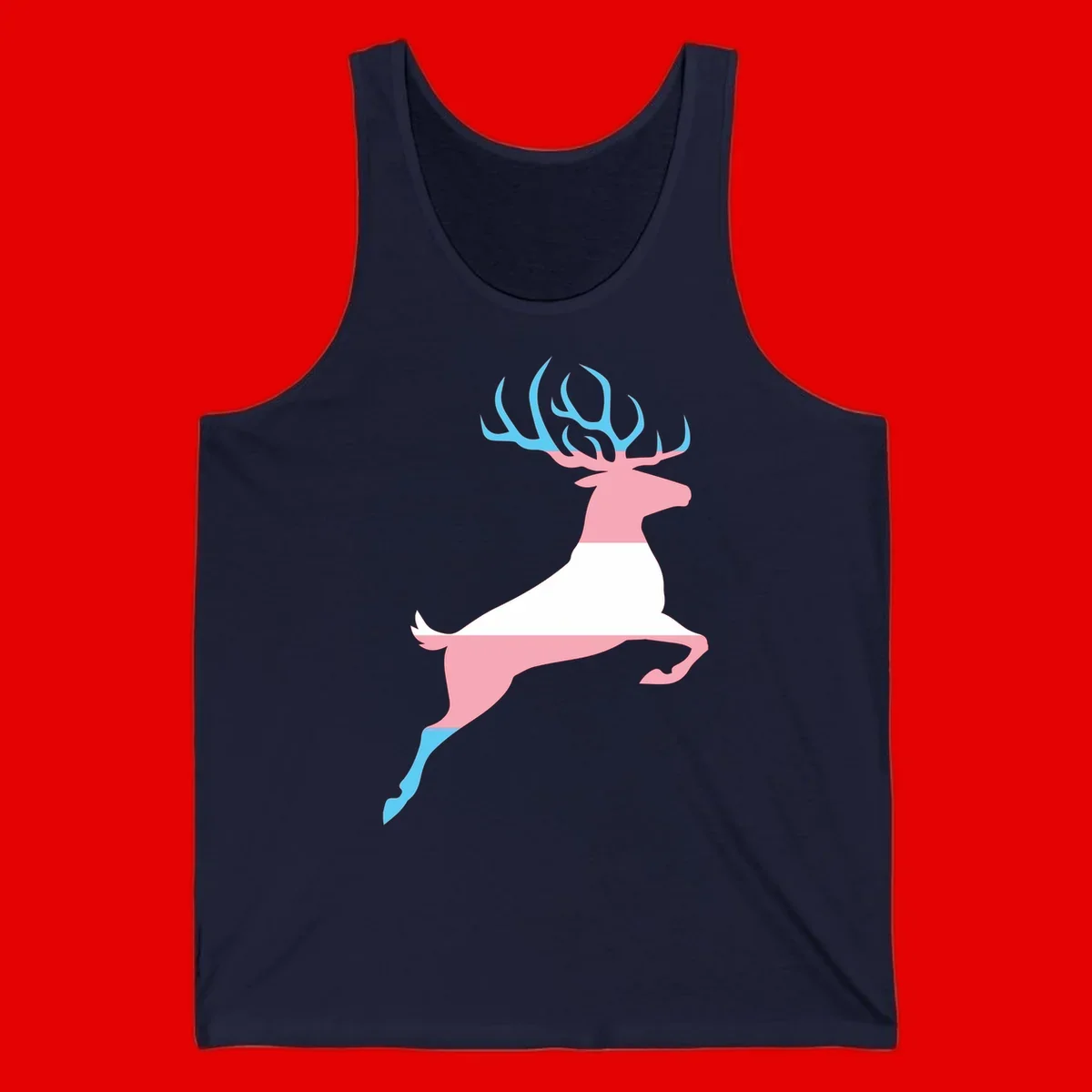 Stylized pink stag with gradient blue antlers leaping against gray background, modern minimalist design