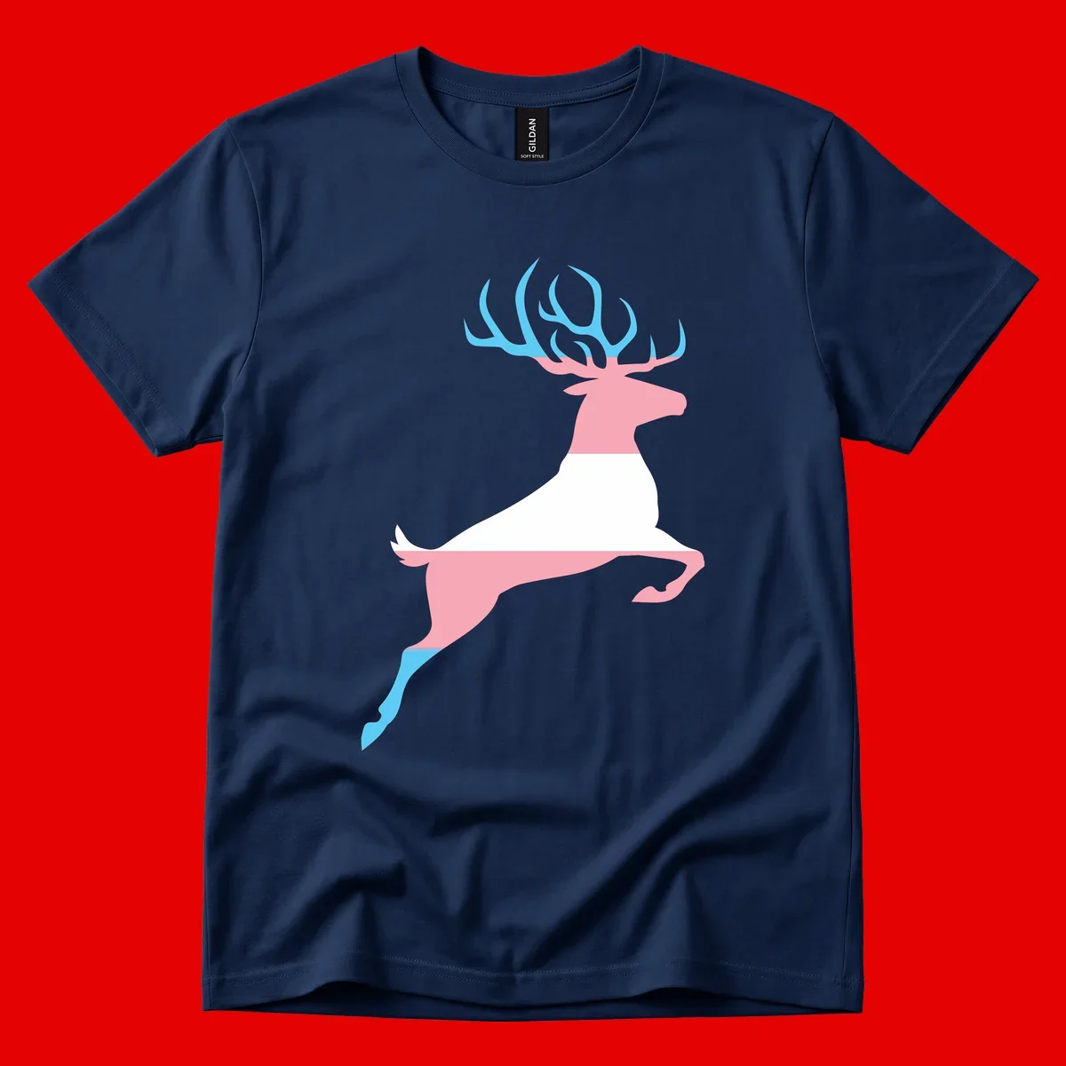 Stylized pink stag with gradient blue antlers leaping against gray background, modern minimalist design