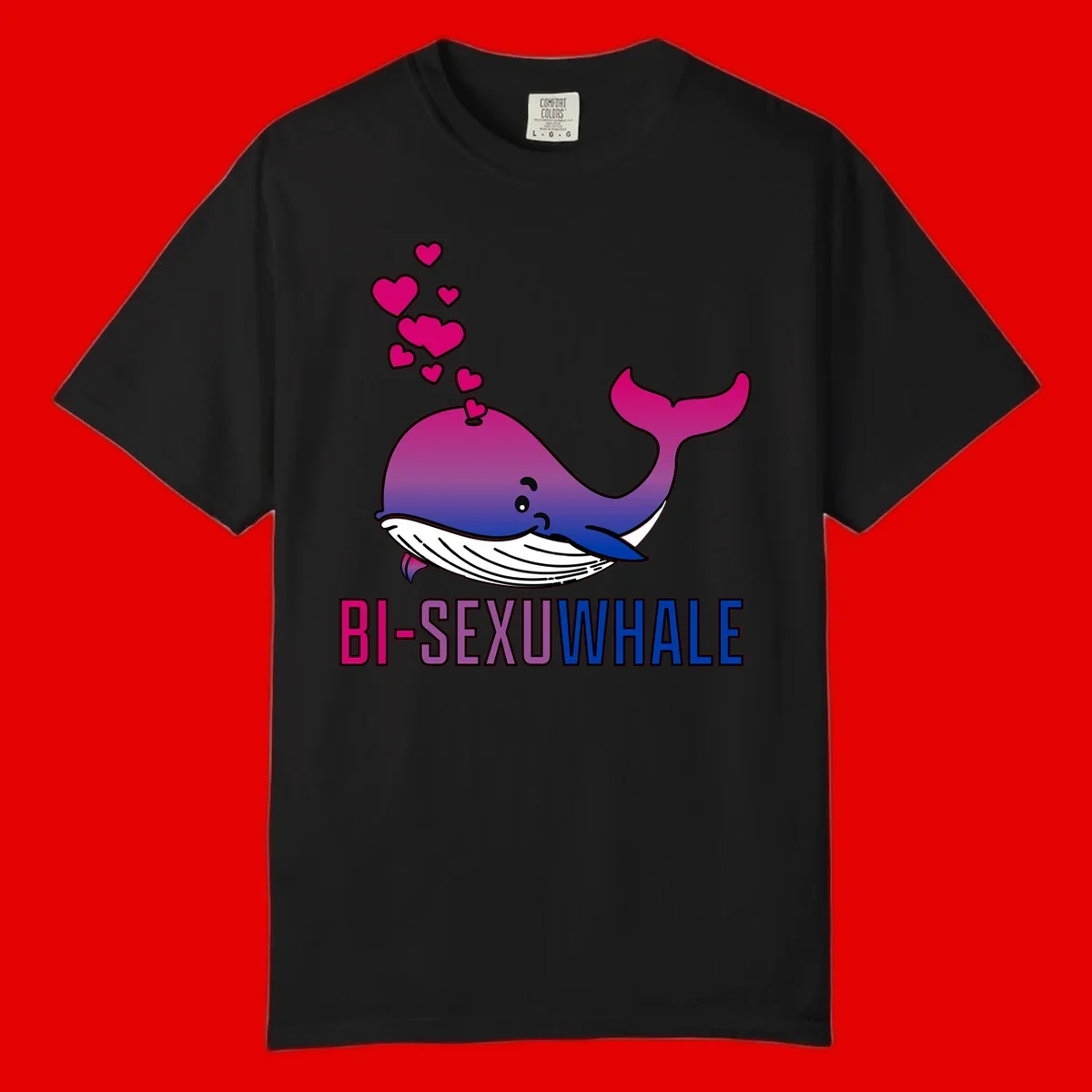 Cute smiling whale in bi pride colors (magenta, purple, blue) with floating hearts and 'BI-SEXUAL WHALE' text below