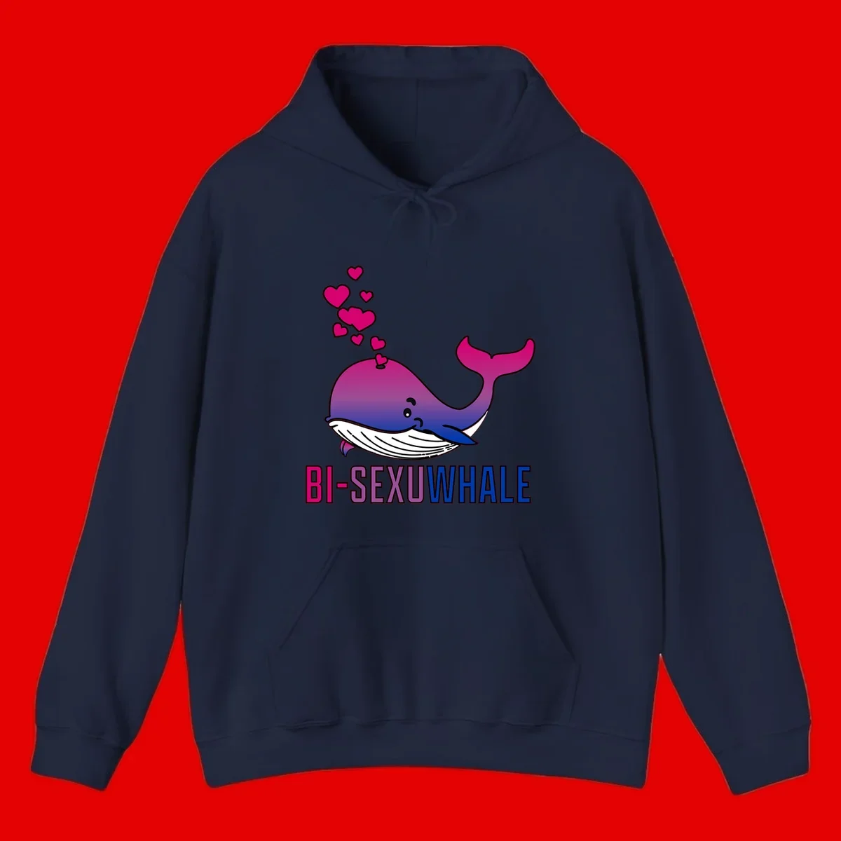 Cute smiling whale in bi pride colors (magenta, purple, blue) with floating hearts and 'BI-SEXUAL WHALE' text below