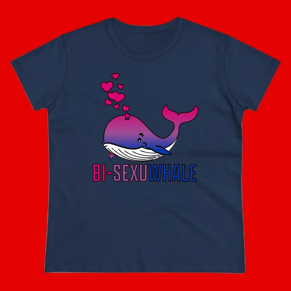 Cute smiling whale in bi pride colors (magenta, purple, blue) with floating hearts and 'BI-SEXUAL WHALE' text below