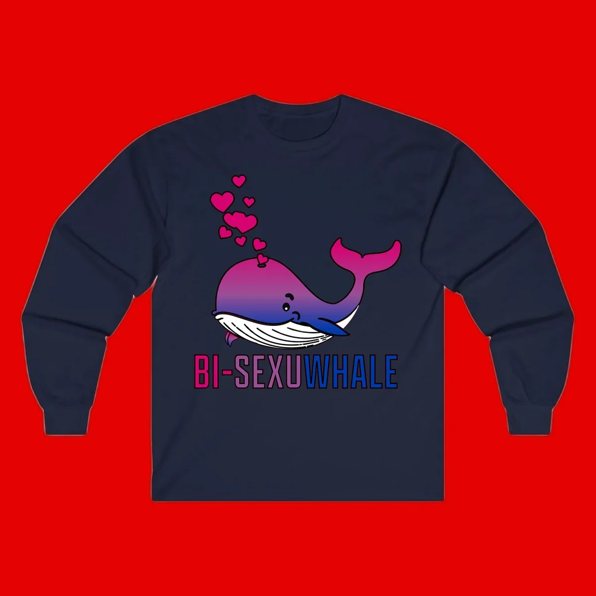 Cute smiling whale in bi pride colors (magenta, purple, blue) with floating hearts and 'BI-SEXUAL WHALE' text below