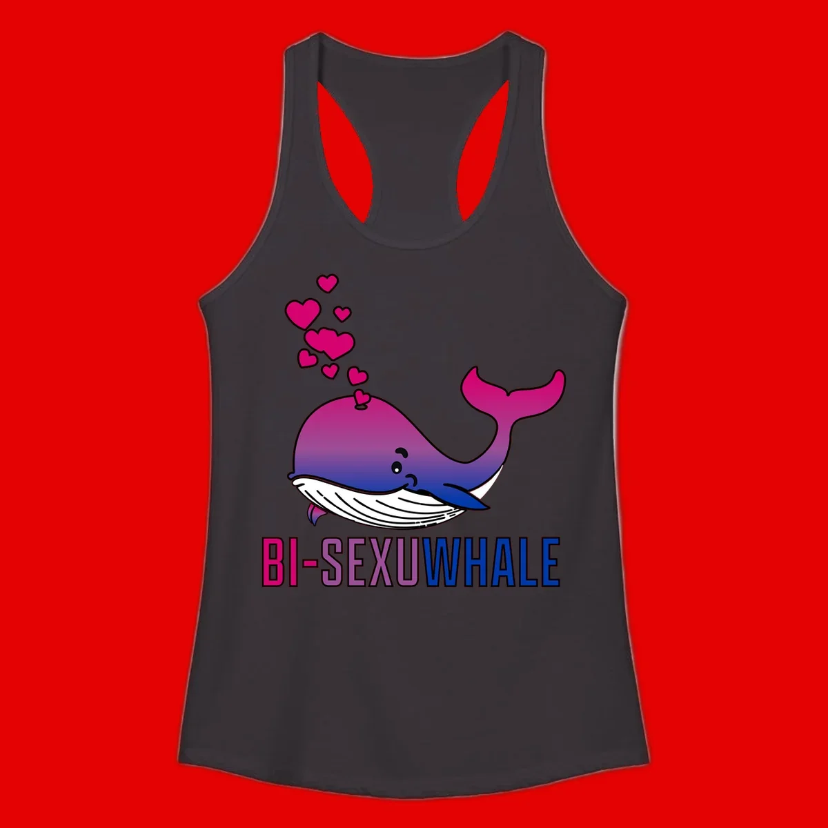 Cute smiling whale in bi pride colors (magenta, purple, blue) with floating hearts and 'BI-SEXUAL WHALE' text below