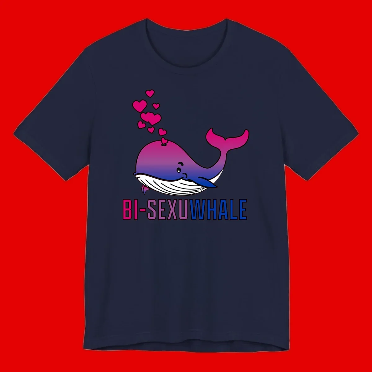 Cute smiling whale in bi pride colors (magenta, purple, blue) with floating hearts and 'BI-SEXUAL WHALE' text below