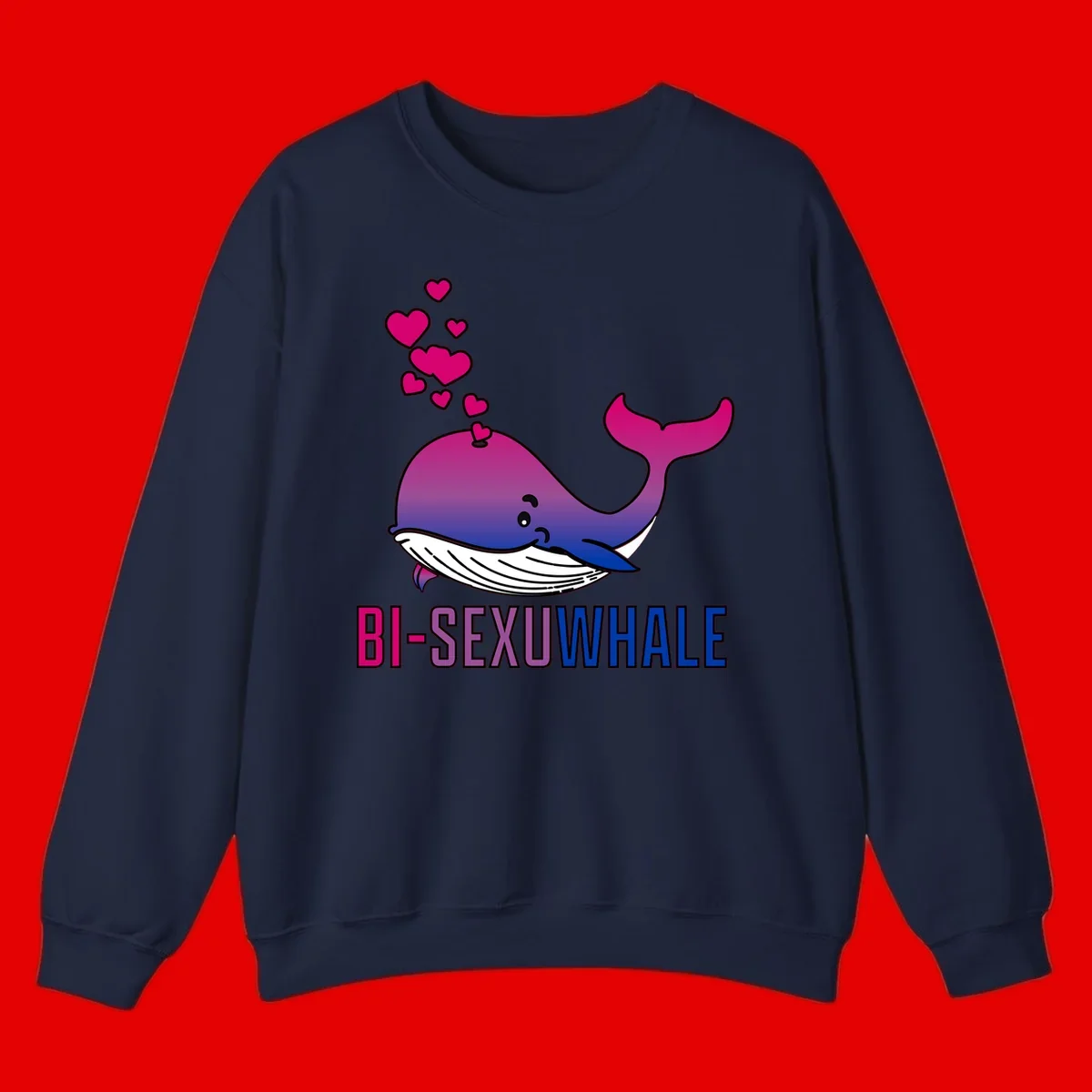 Cute smiling whale in bi pride colors (magenta, purple, blue) with floating hearts and 'BI-SEXUAL WHALE' text below