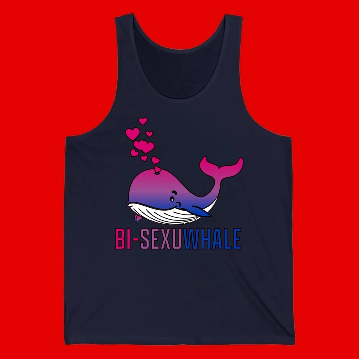 Cute smiling whale in bi pride colors (magenta, purple, blue) with floating hearts and 'BI-SEXUAL WHALE' text below