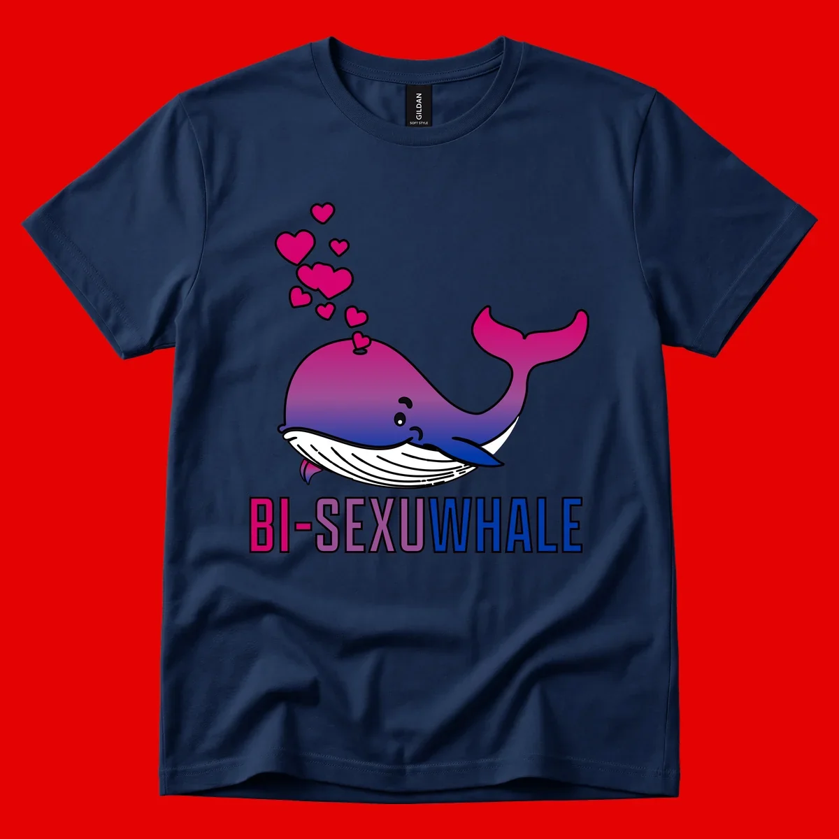 Cute smiling whale in bi pride colors (magenta, purple, blue) with floating hearts and 'BI-SEXUAL WHALE' text below
