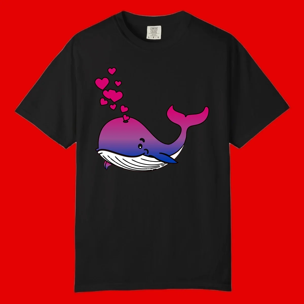 Illustration of a gradient magenta and blue whale spouting pink hearts, representing love and ocean wildlife