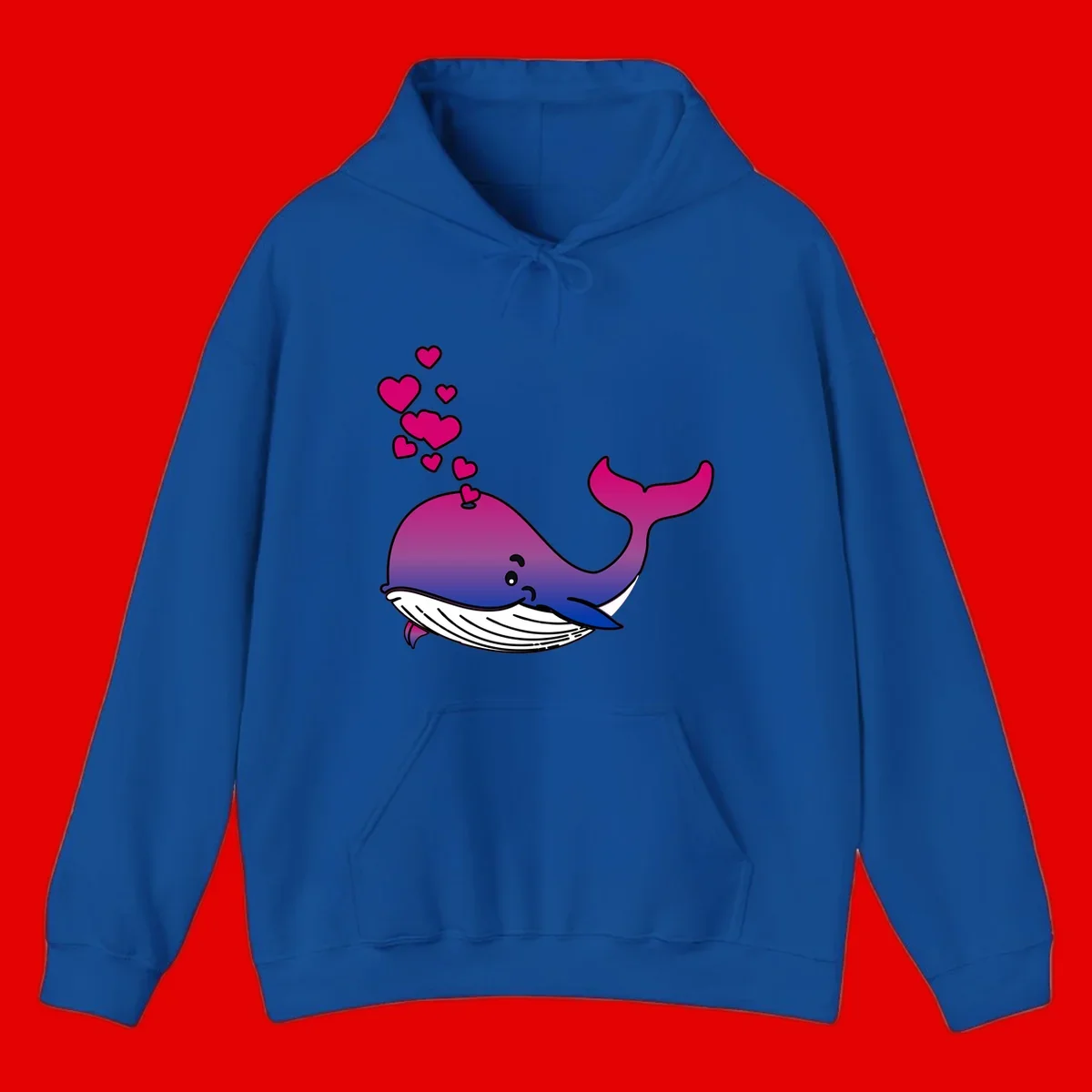 Illustration of a gradient magenta and blue whale spouting pink hearts, representing love and ocean wildlife