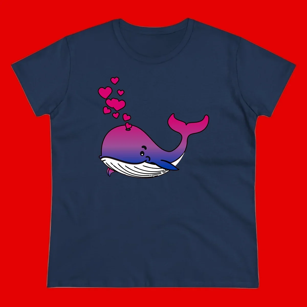 Illustration of a gradient magenta and blue whale spouting pink hearts, representing love and ocean wildlife
