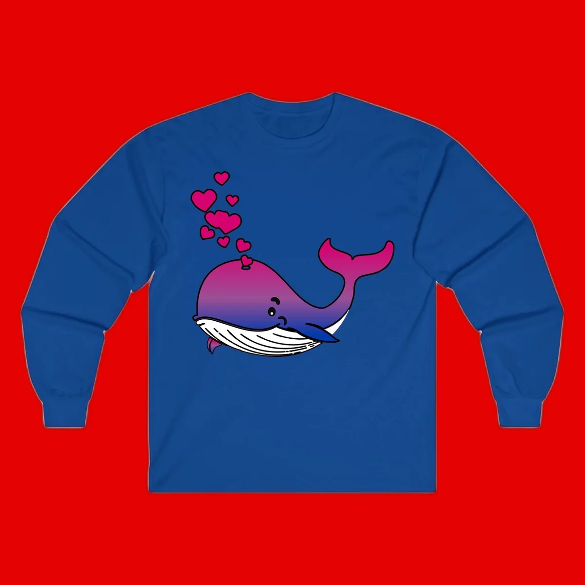 Illustration of a gradient magenta and blue whale spouting pink hearts, representing love and ocean wildlife