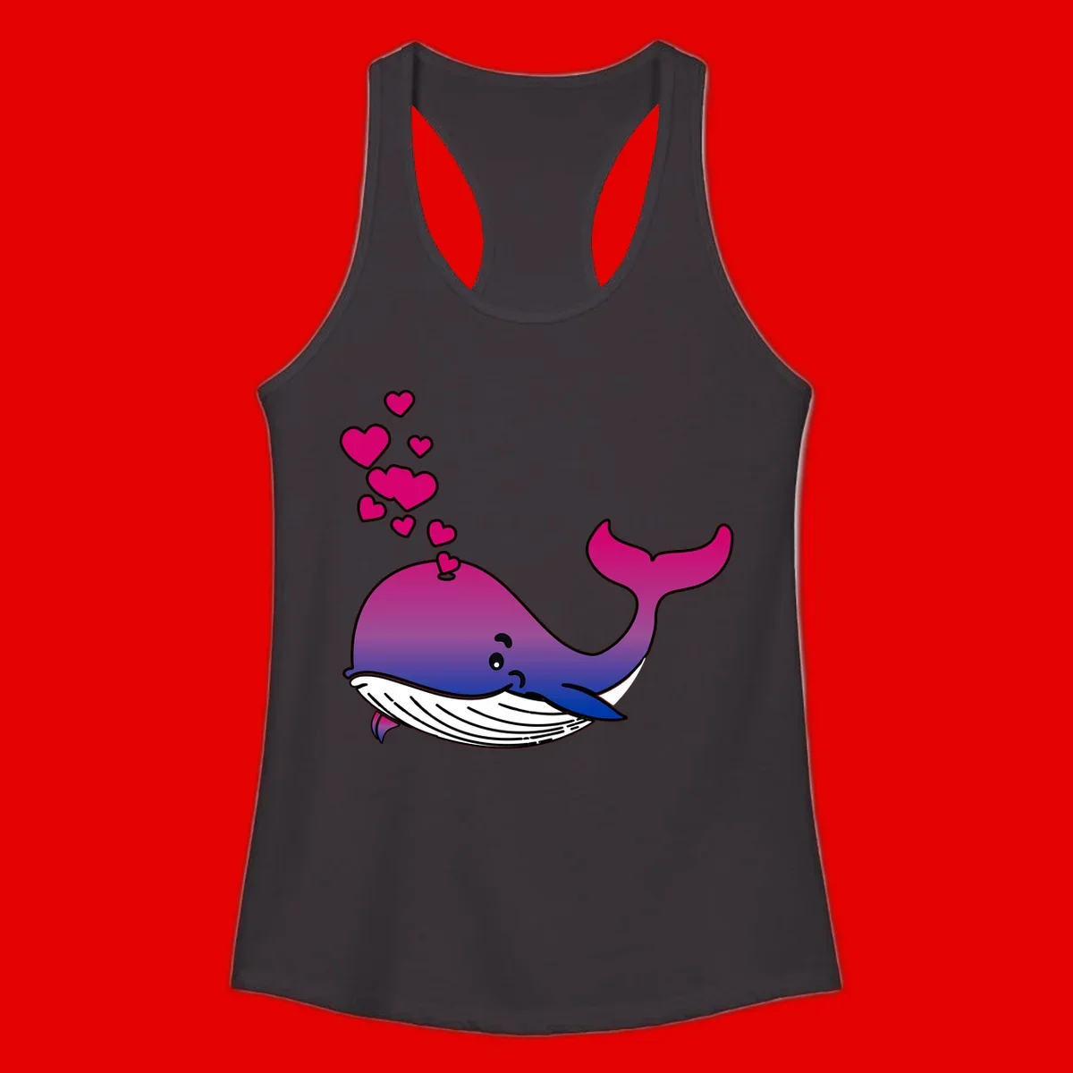 Illustration of a gradient magenta and blue whale spouting pink hearts, representing love and ocean wildlife