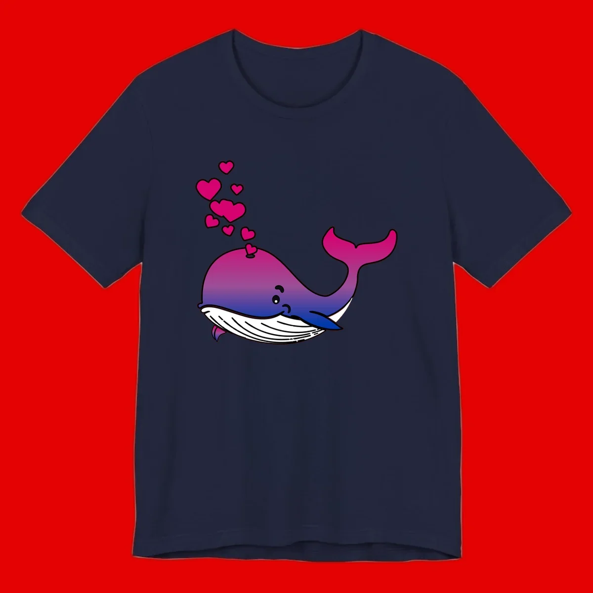 Illustration of a gradient magenta and blue whale spouting pink hearts, representing love and ocean wildlife