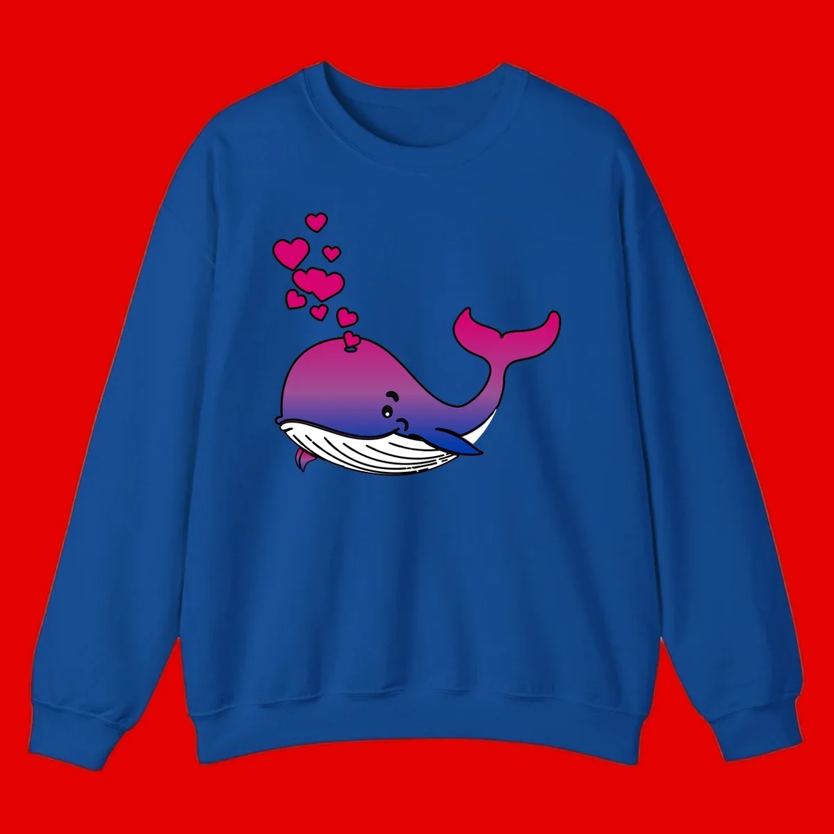 Illustration of a gradient magenta and blue whale spouting pink hearts, representing love and ocean wildlife