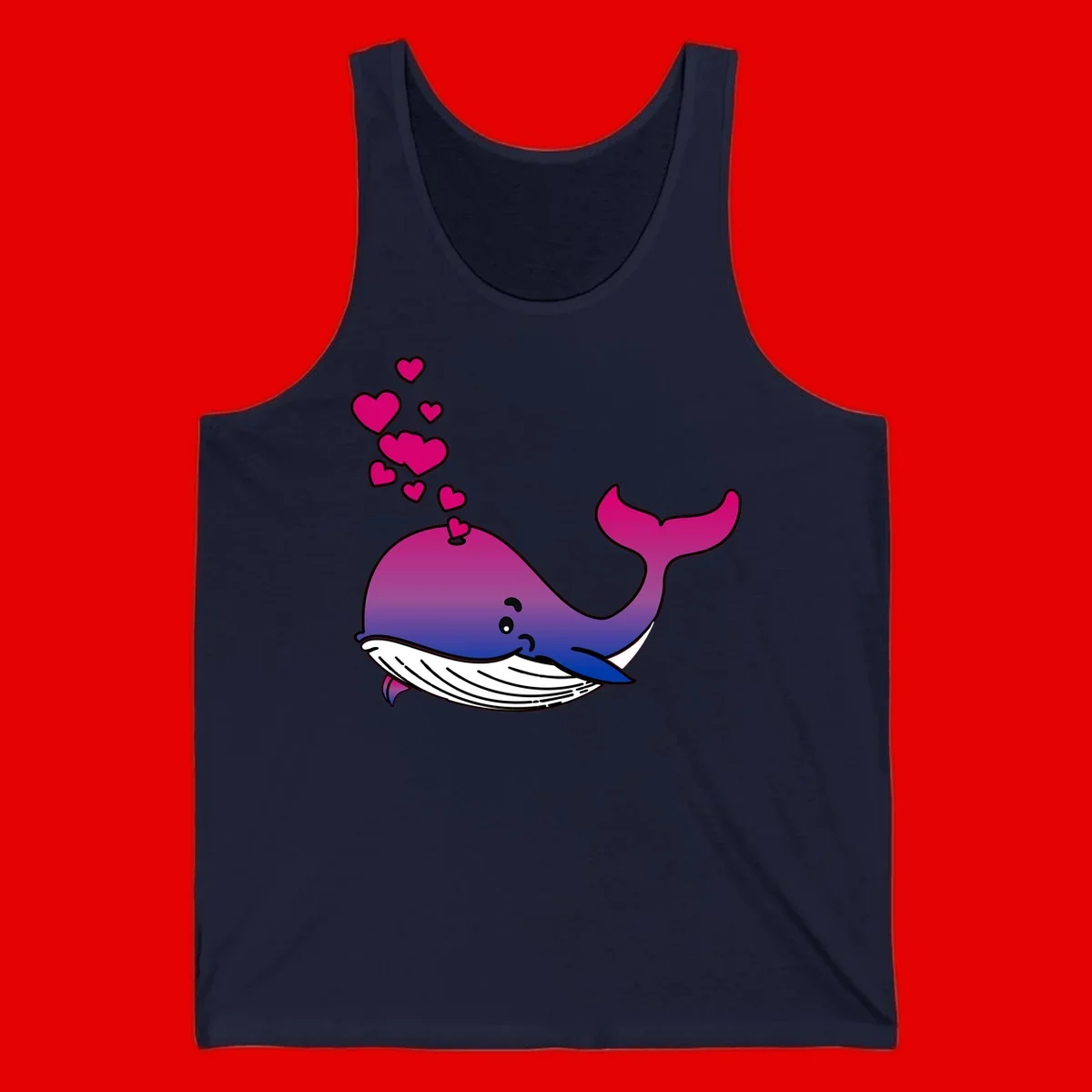 Illustration of a gradient magenta and blue whale spouting pink hearts, representing love and ocean wildlife