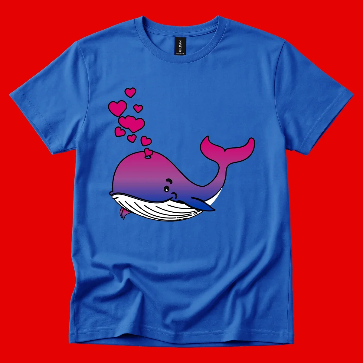 Illustration of a gradient magenta and blue whale spouting pink hearts, representing love and ocean wildlife