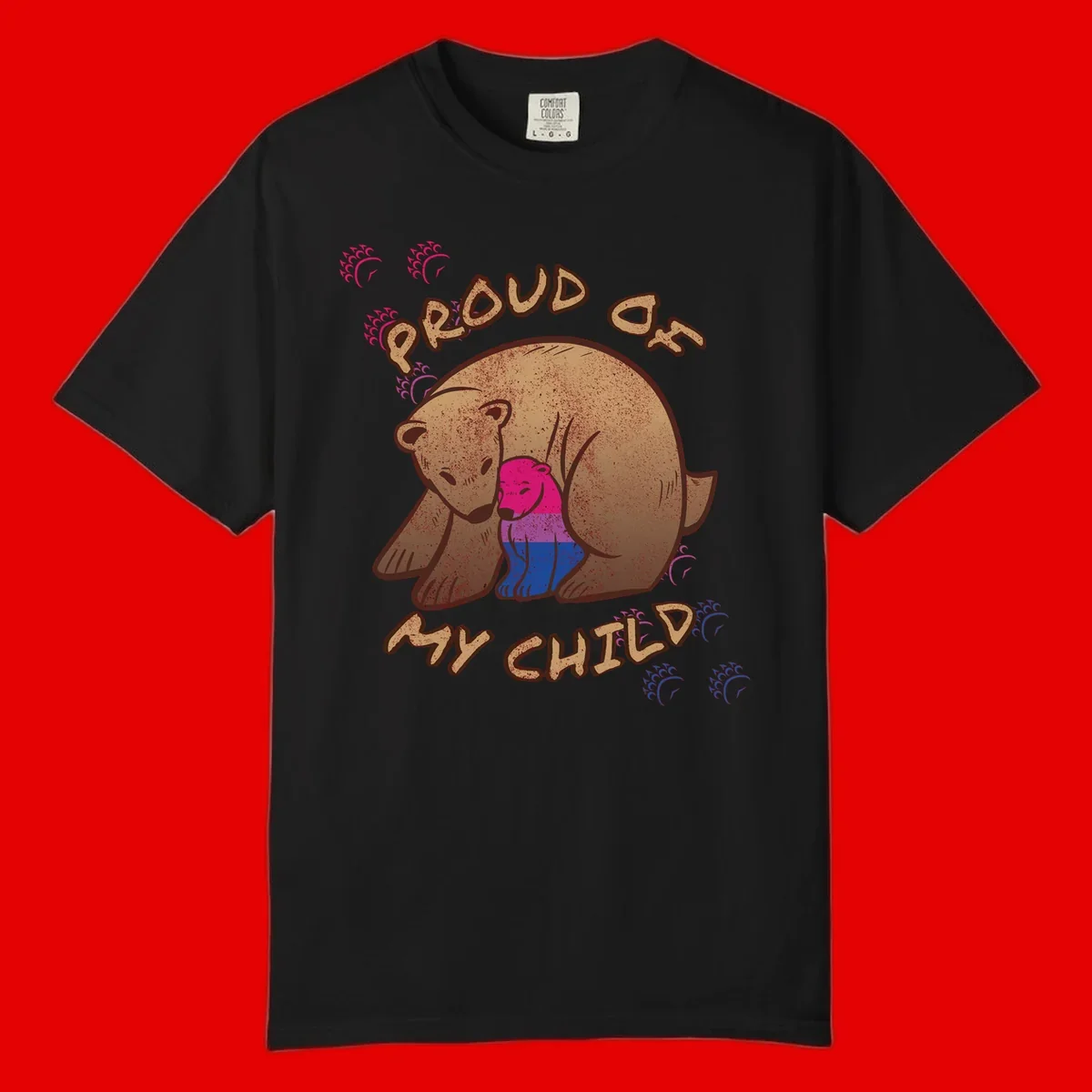 Brown bear holding rainbow pride flag with text reading 'Proud As My Chub' on gray background