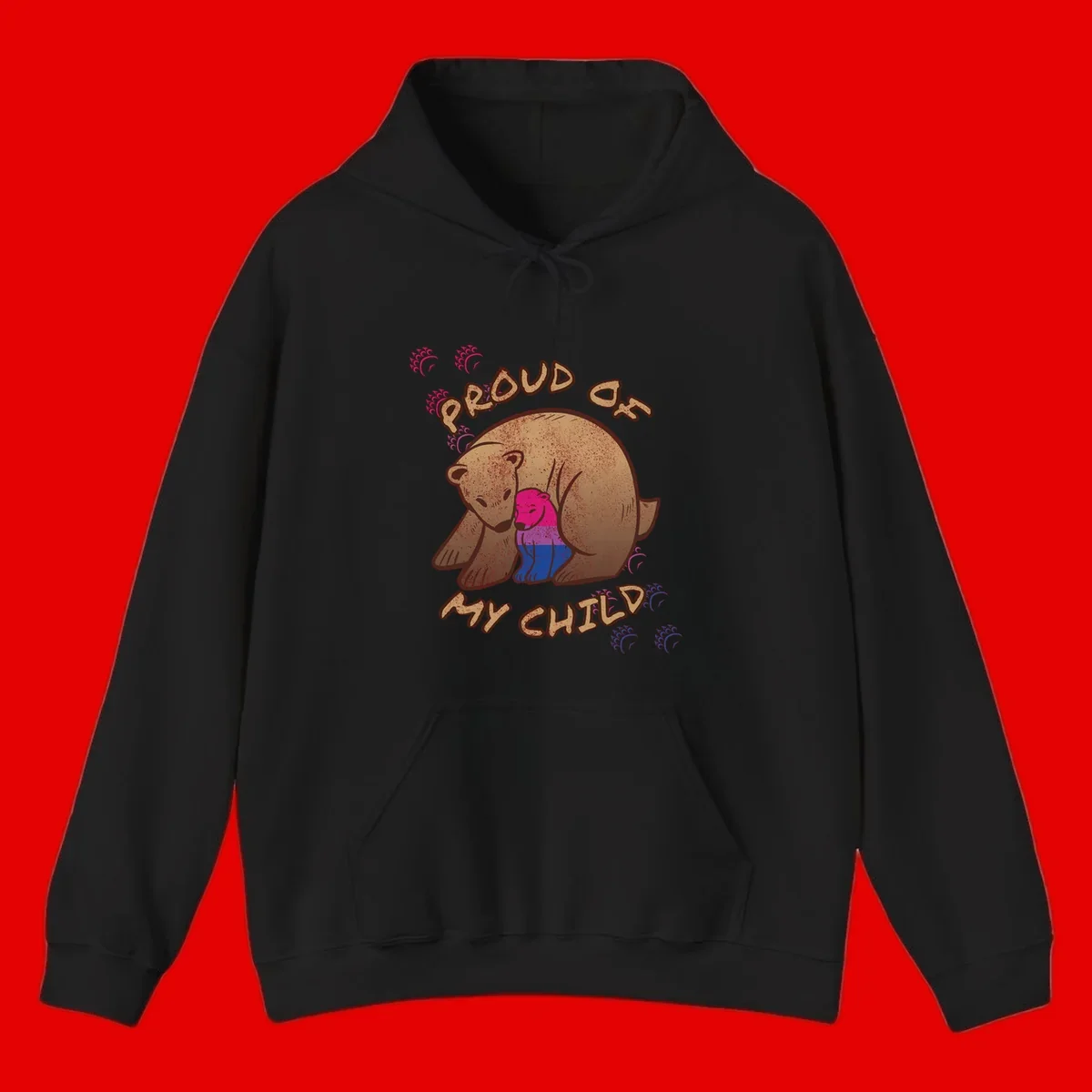 Brown bear holding rainbow pride flag with text reading 'Proud As My Chub' on gray background