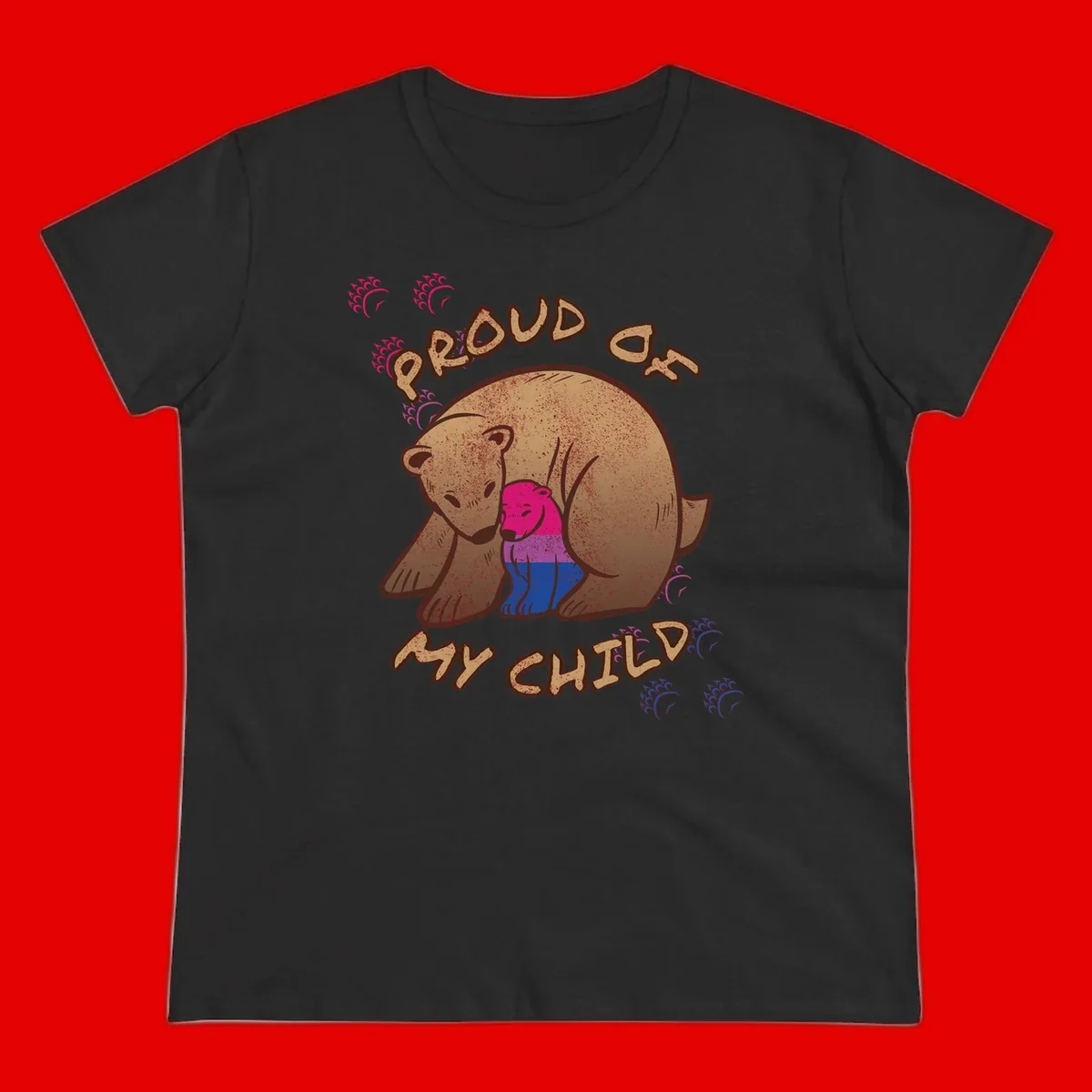Brown bear holding rainbow pride flag with text reading 'Proud As My Chub' on gray background