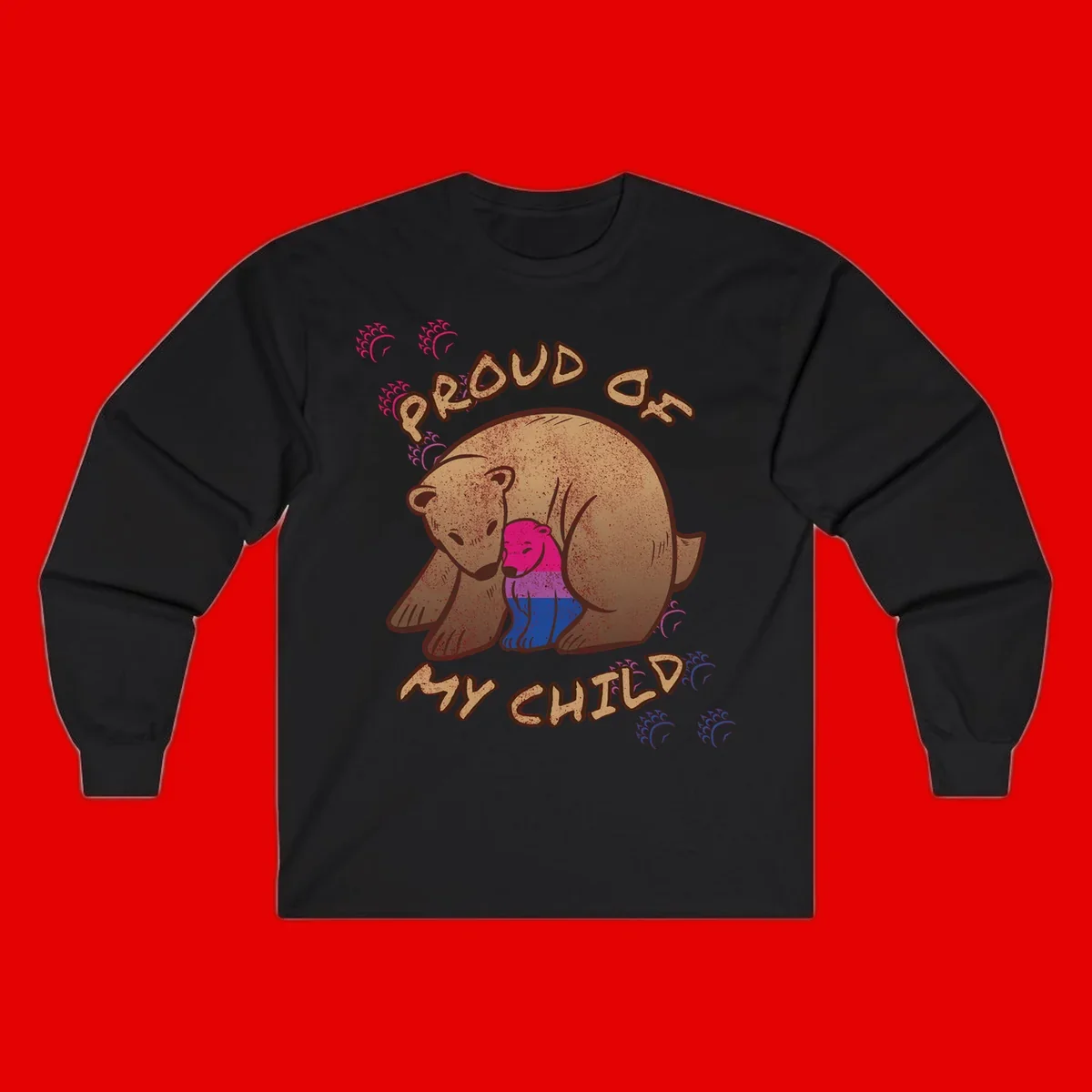 Brown bear holding rainbow pride flag with text reading 'Proud As My Chub' on gray background