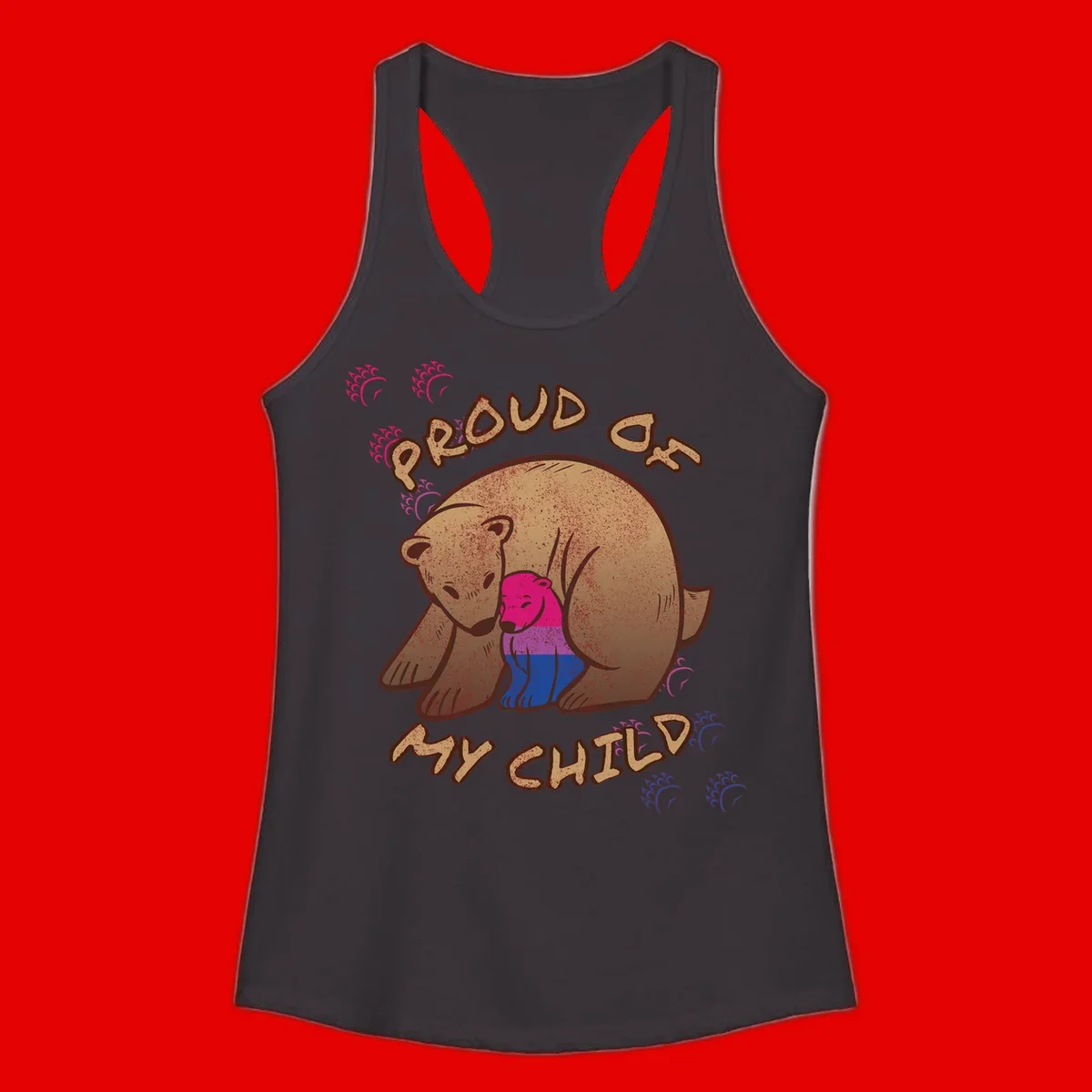 Brown bear holding rainbow pride flag with text reading 'Proud As My Chub' on gray background