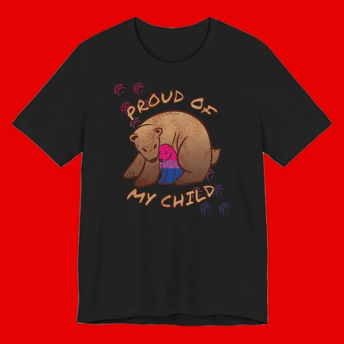 Brown bear holding rainbow pride flag with text reading 'Proud As My Chub' on gray background