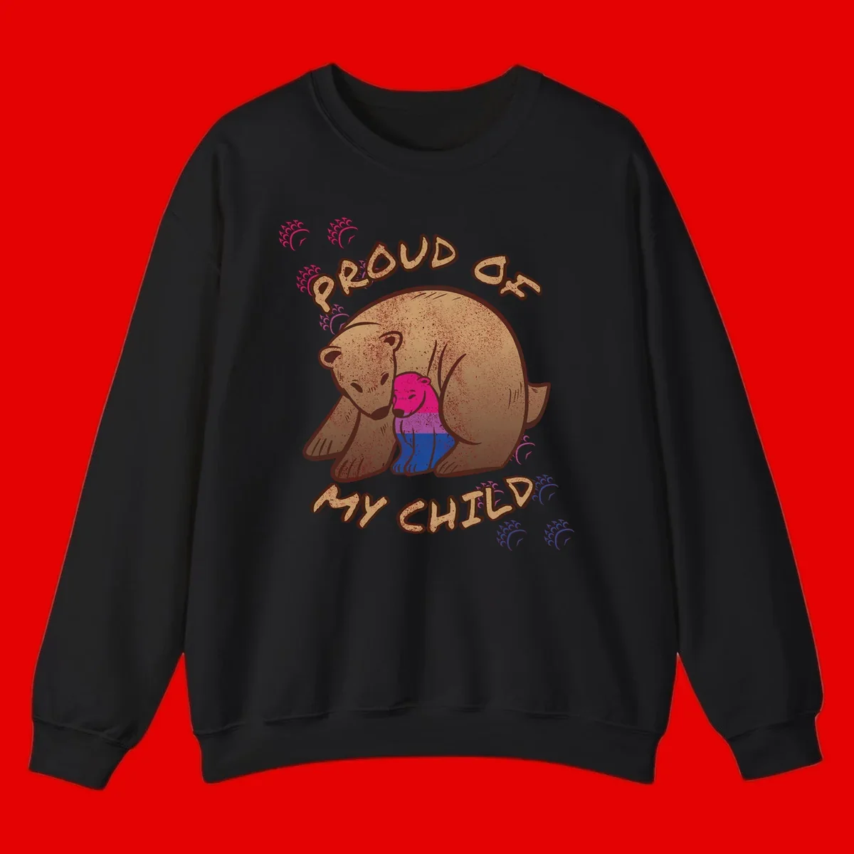 Brown bear holding rainbow pride flag with text reading 'Proud As My Chub' on gray background