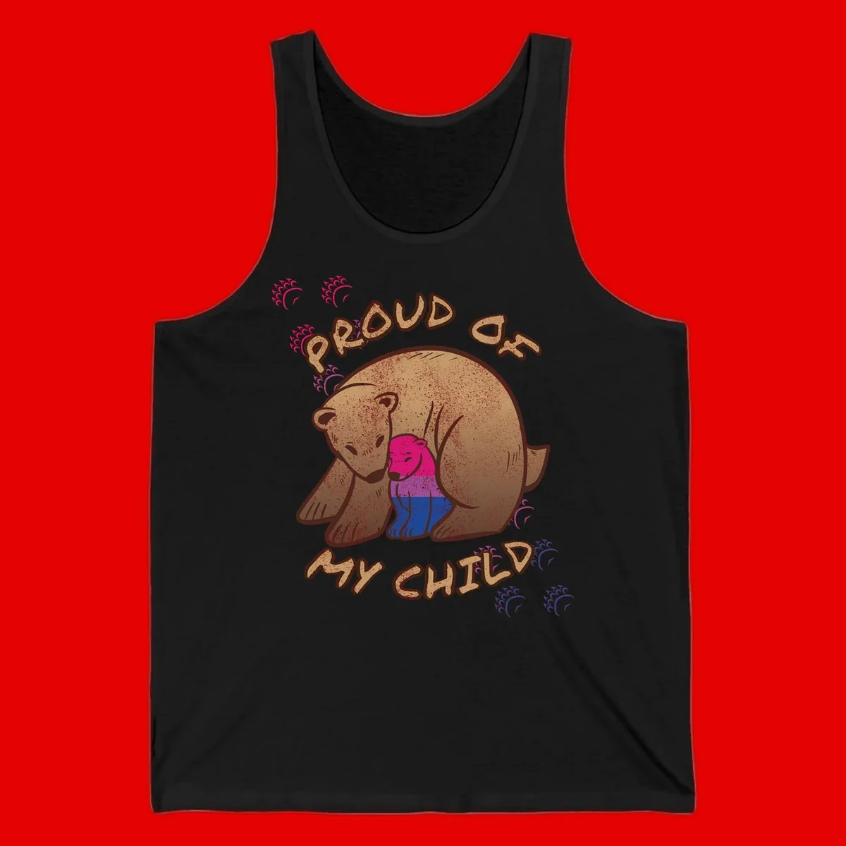 Brown bear holding rainbow pride flag with text reading 'Proud As My Chub' on gray background
