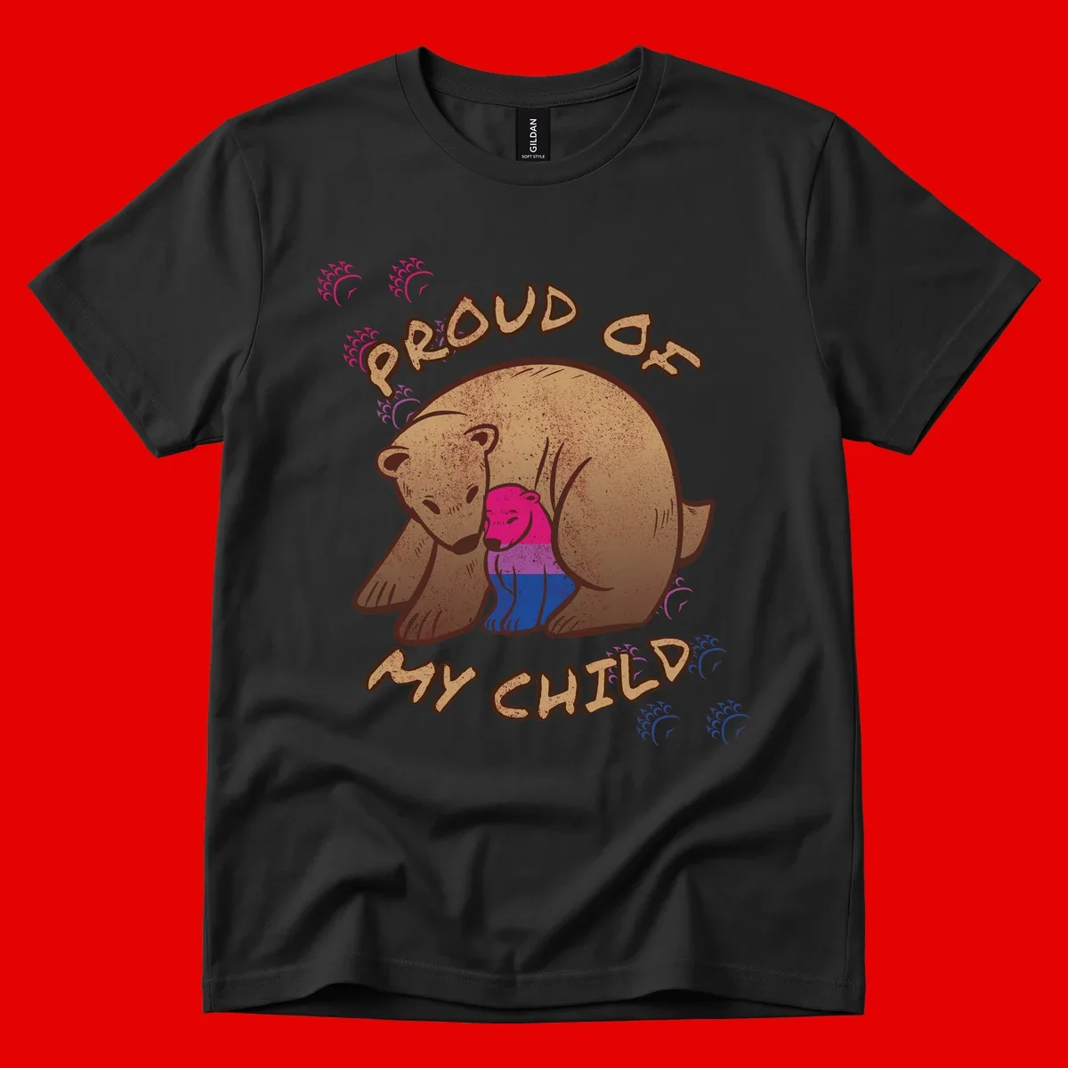 Brown bear holding rainbow pride flag with text reading 'Proud As My Chub' on gray background
