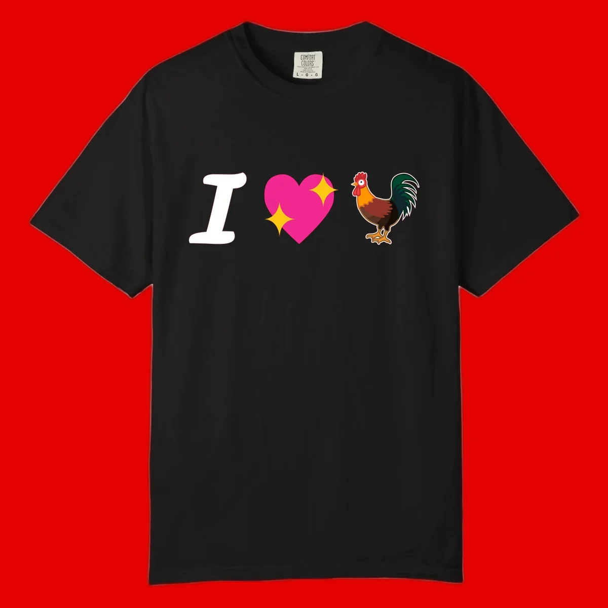I love rooster design featuring large white I, pink sparkly heart, and colorful rooster illustration on gray background
