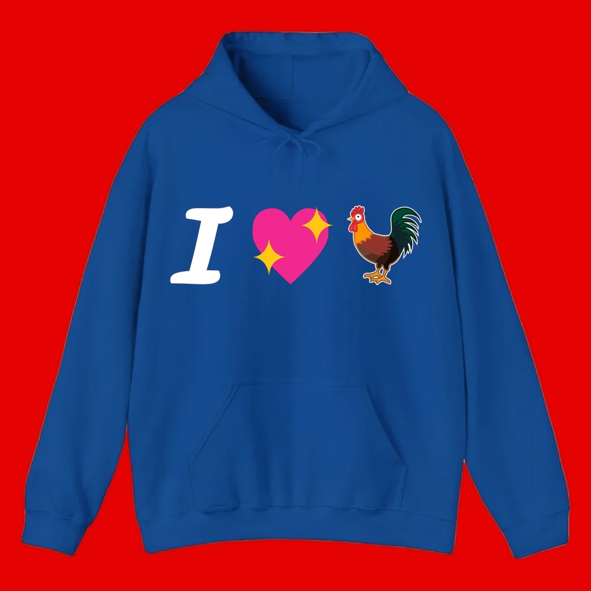 I love rooster design featuring large white I, pink sparkly heart, and colorful rooster illustration on gray background