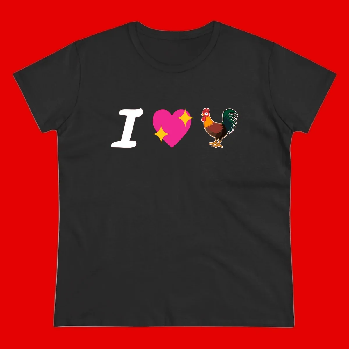 I love rooster design featuring large white I, pink sparkly heart, and colorful rooster illustration on gray background